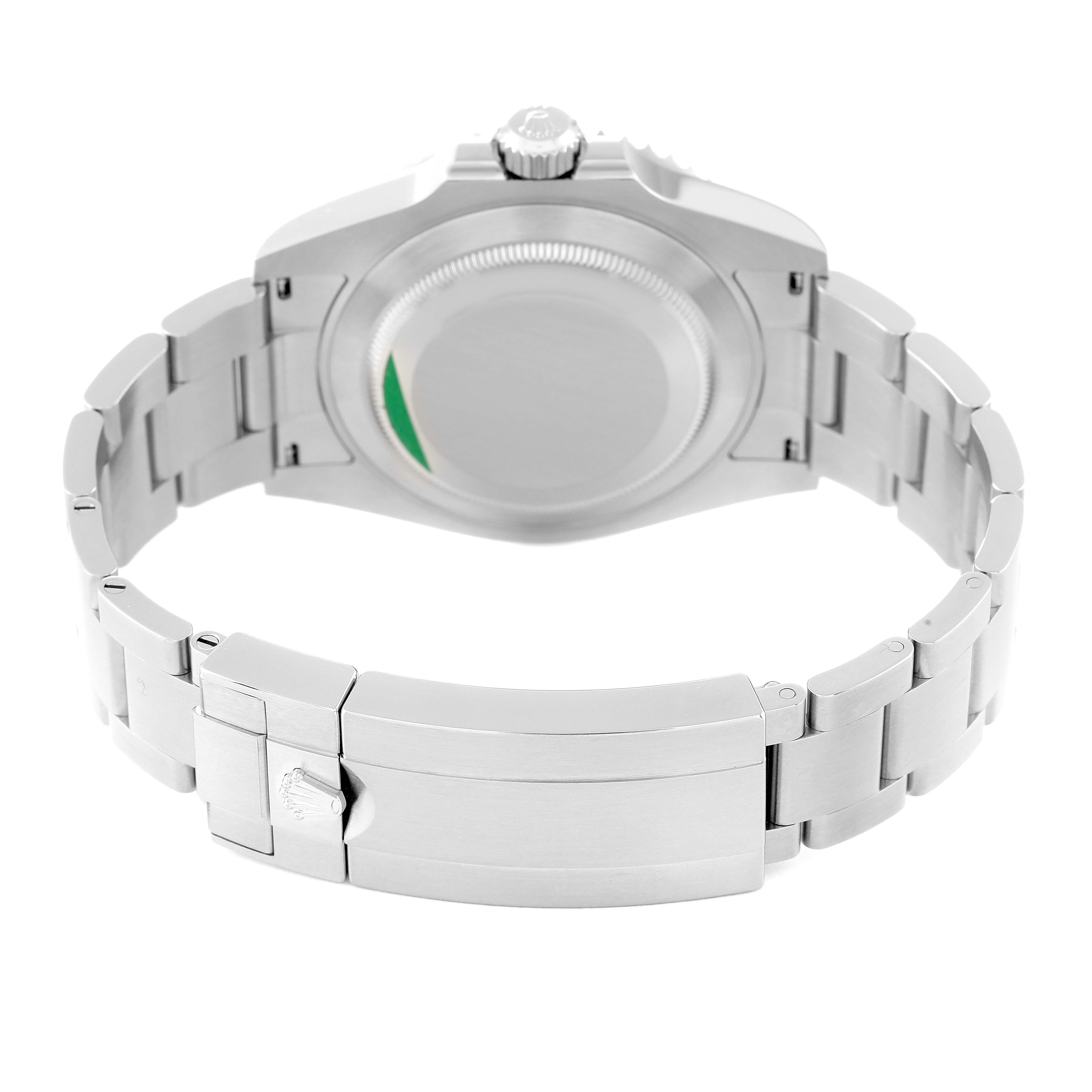 The image shows the back view of a Rolex Submariner 126610LV Men
s Stainless Steel Black Dial 126610LV Men
s Stainless Steel Black Dial watch, highlighting its clasp, bracelet, and case back.