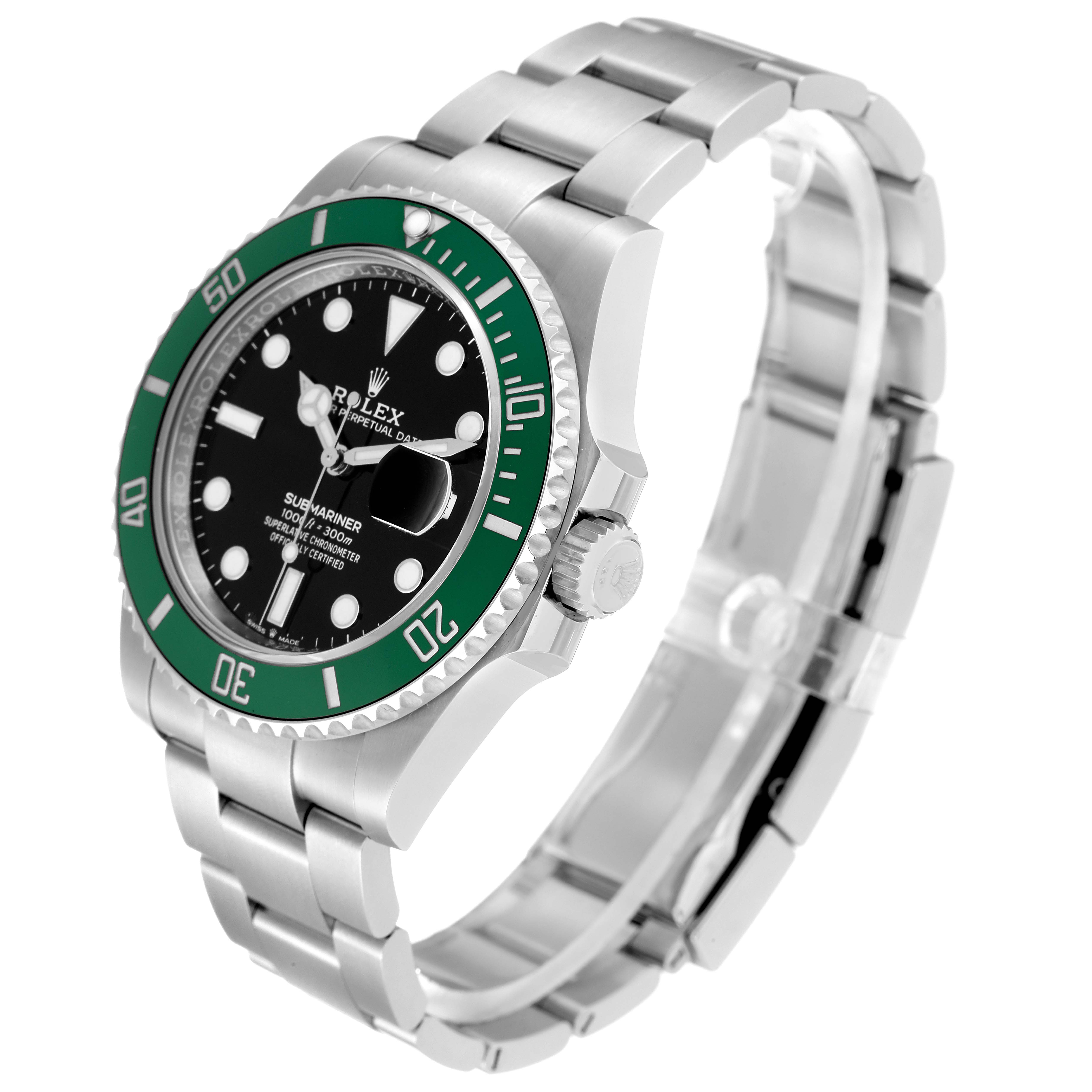 The image shows the side and top of a Rolex Submariner 126610LV Men
s Stainless Steel Black Dial 126610LV Men
s Stainless Steel Black Dial watch with a green bezel and stainless steel bracelet.