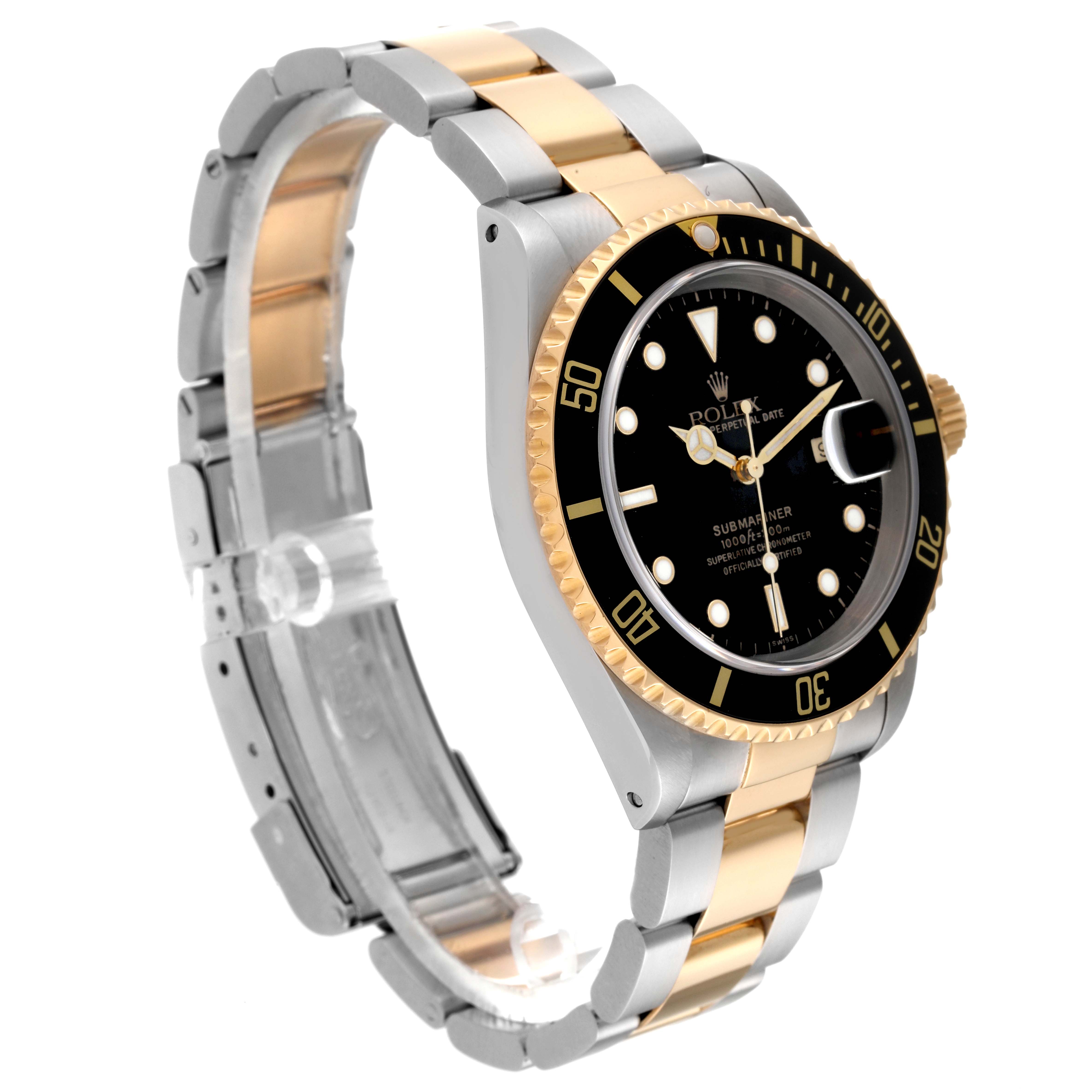 The image shows a side-angle view of a Rolex Submariner 16613 Men's Steel and Gold (two tone) Black Dial 16613 Men's Steel and Gold (two tone) Black Dial watch, highlighting the black dial, bezel, and two-tone bracelet.