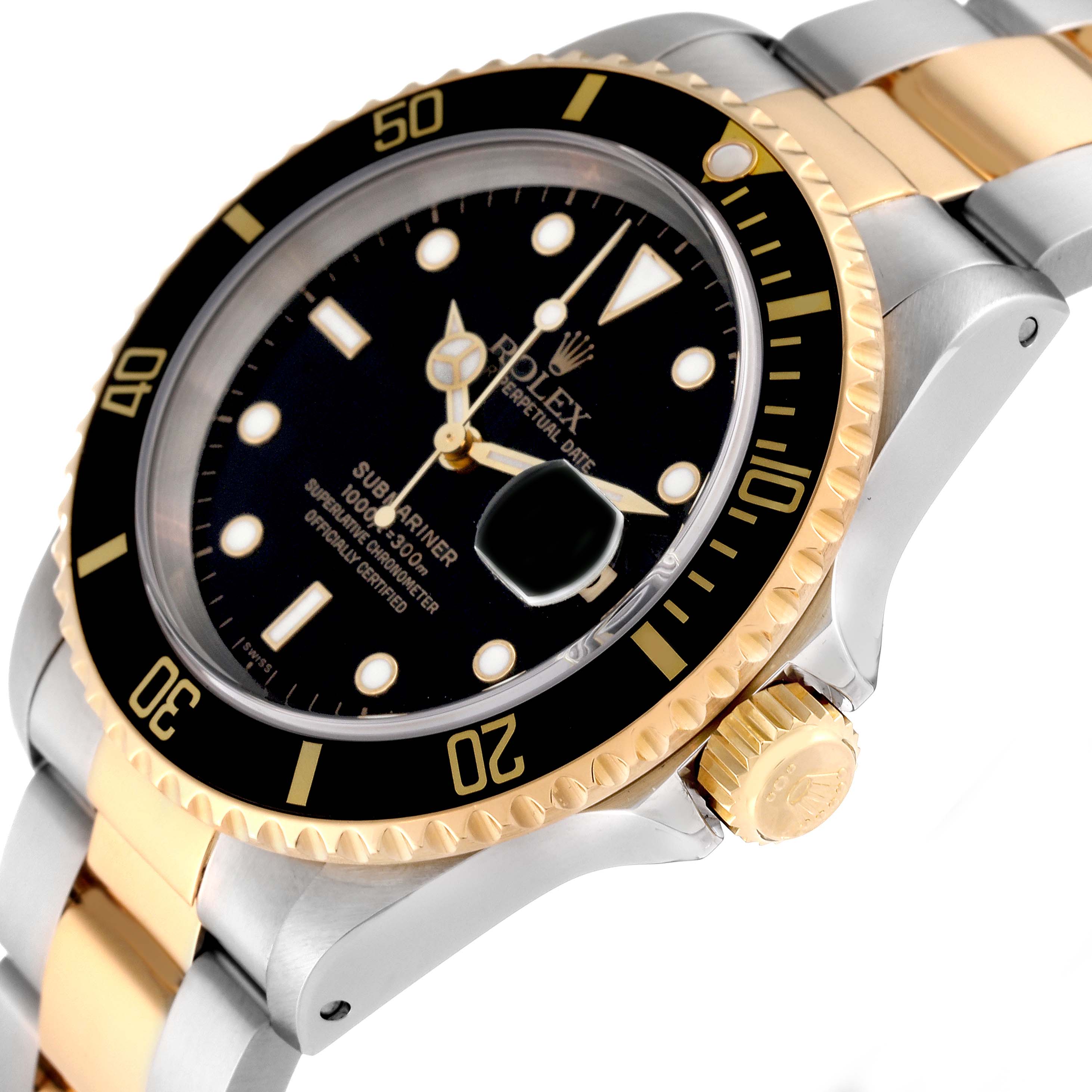 The image shows a close-up angled view of a Rolex Submariner 16613 Men's Steel and Gold (two tone) Black Dial 16613 Men's Steel and Gold (two tone) Black Dial watch, highlighting the bezel, dial, crown, and part of the bracelet.