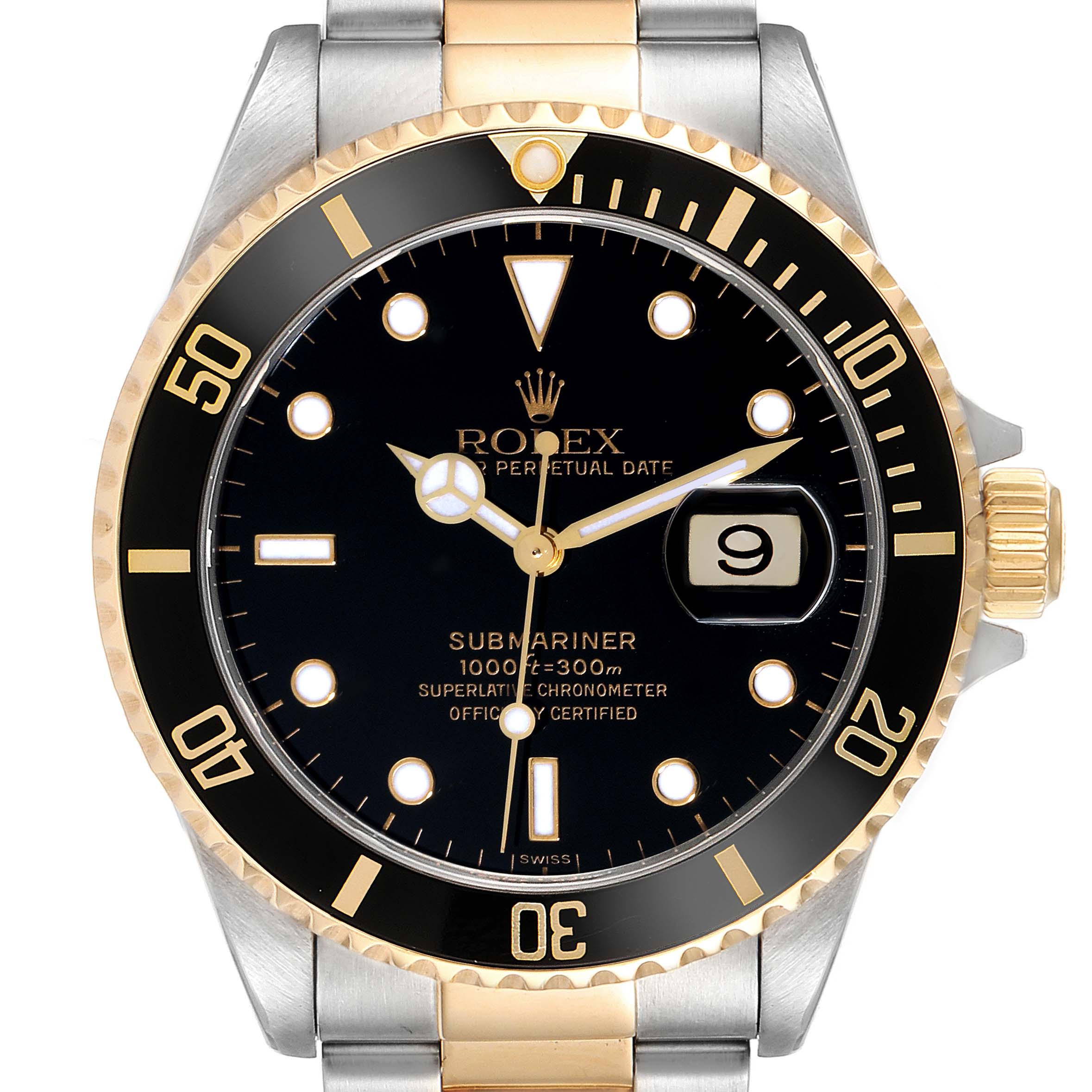 The image shows a frontal view of a Rolex Submariner 16613 Men's Steel and Gold (two tone) Black Dial 16613 Men's Steel and Gold (two tone) Black Dial watch, highlighting its black dial, gold and steel bracelet, and date display.