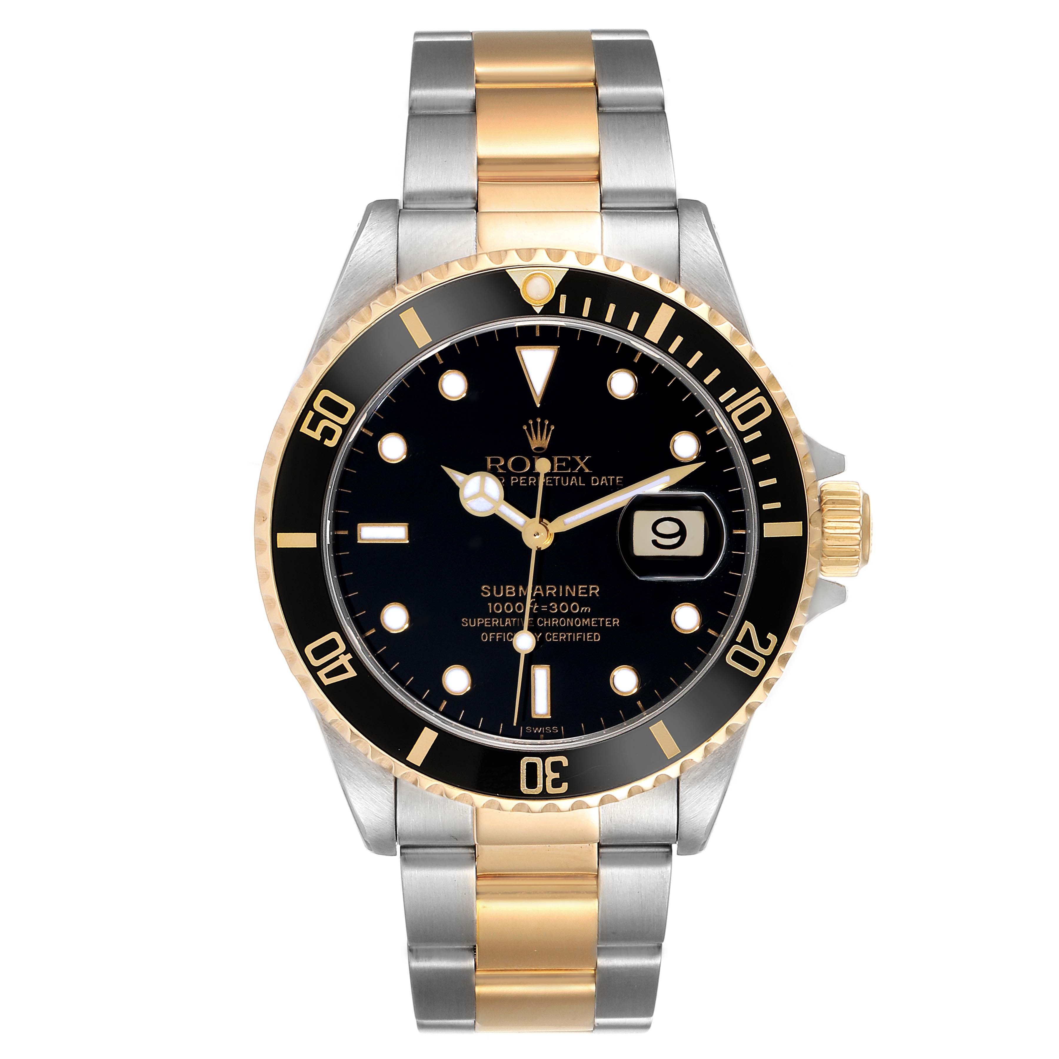 This image shows a front view of a Rolex Submariner 16613 Men's Steel and Gold (two tone) Black Dial 16613 Men's Steel and Gold (two tone) Black Dial watch featuring a black dial, gold bezel, and a two-tone stainless steel and gold bracelet.