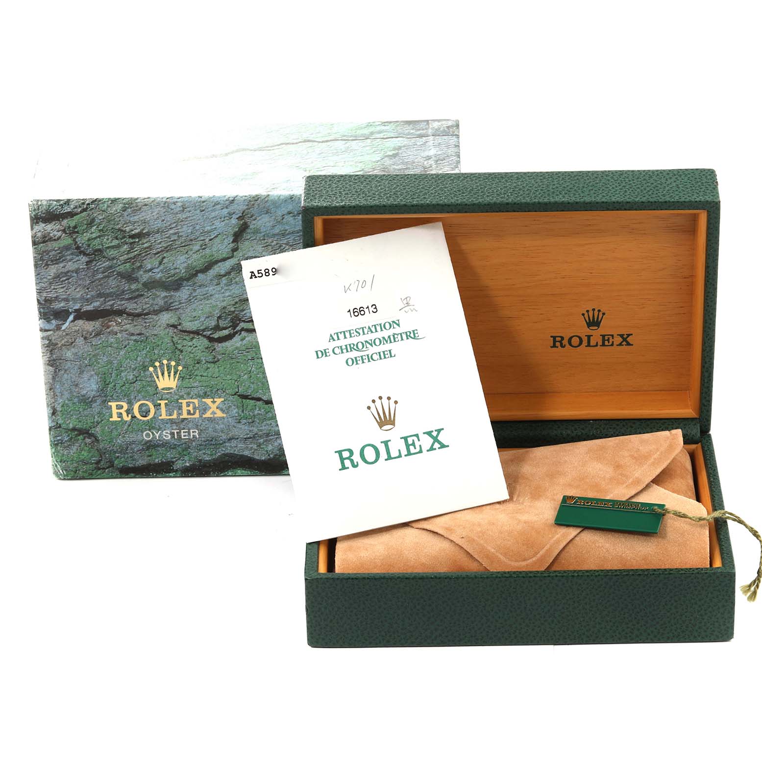 The image shows an open Rolex Submariner 16613 Men's Steel and Gold (two tone) Black Dial 16613 Men's Steel and Gold (two tone) Black Dial watch box with a certificate, outer packaging, and a suede pouch.
