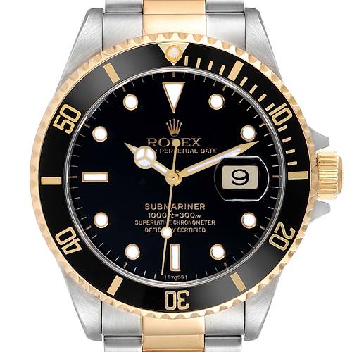 This image shows a front view of a Rolex Submariner watch, highlighting the dial, bezel, crown, and part of the bracelet.