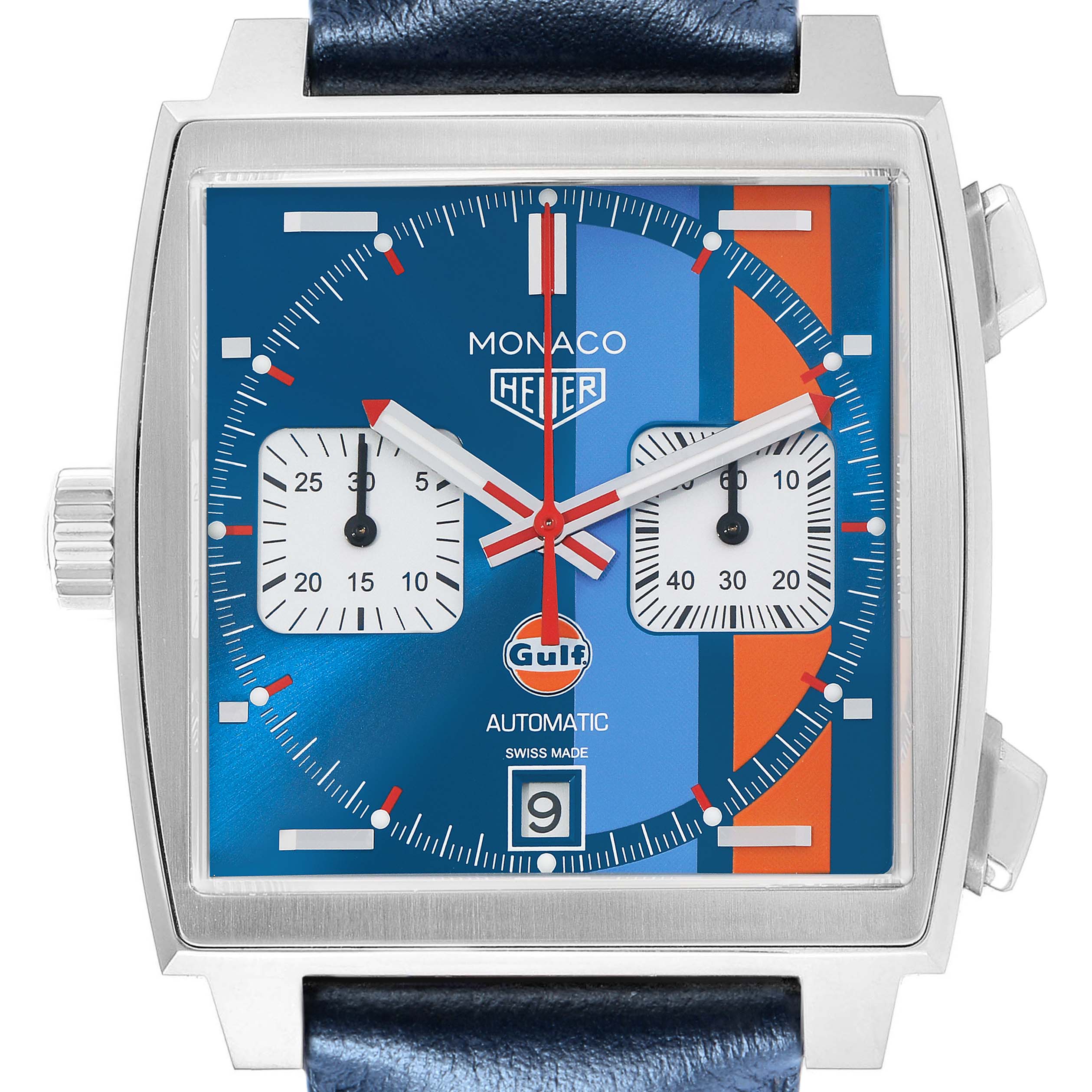 The Tag Heuer Monaco CAW211R Men
s Stainless Steel Blue Dial watch is shown from the front, displaying its square dial with blue and orange accents, subdials, and date window.