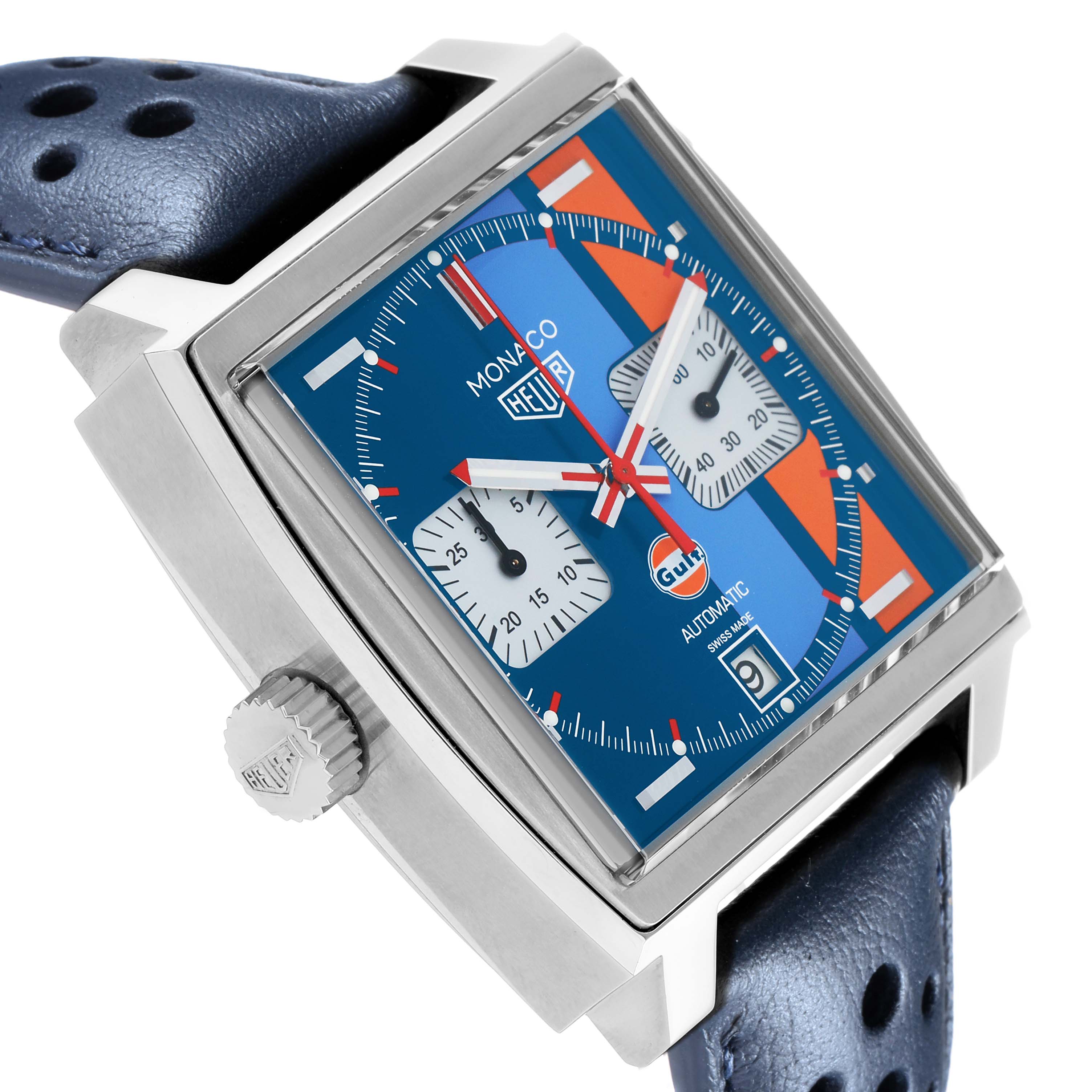 The Tag Heuer Monaco CAW211R Men
s Stainless Steel Blue Dial watch is shown at an angled view, displaying the case, crown, and face with a focus on the blue dial and subdials.