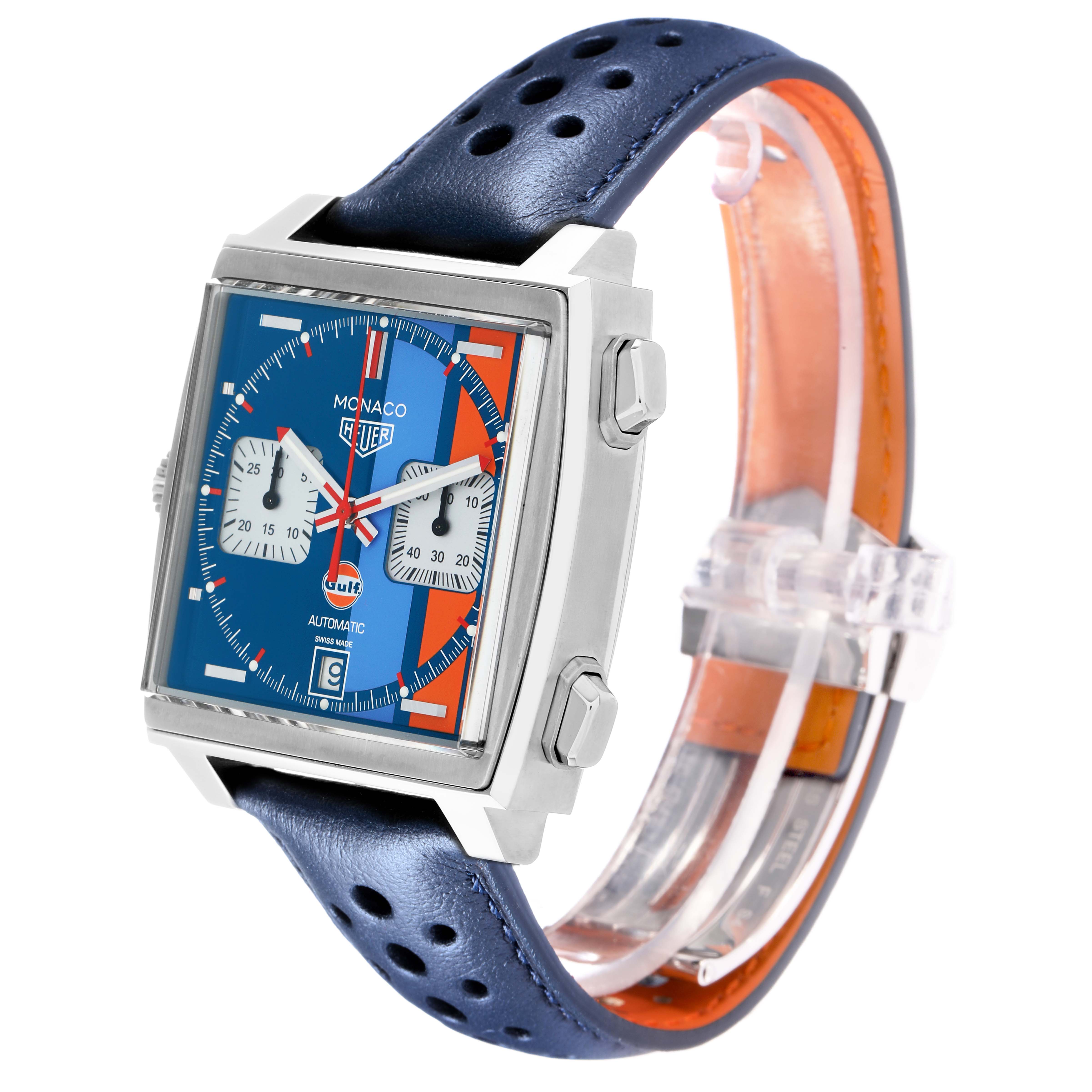 The Tag Heuer Monaco CAW211R Men
s Stainless Steel Blue Dial watch is shown at an angled side view, highlighting the face, case, and perforated strap.