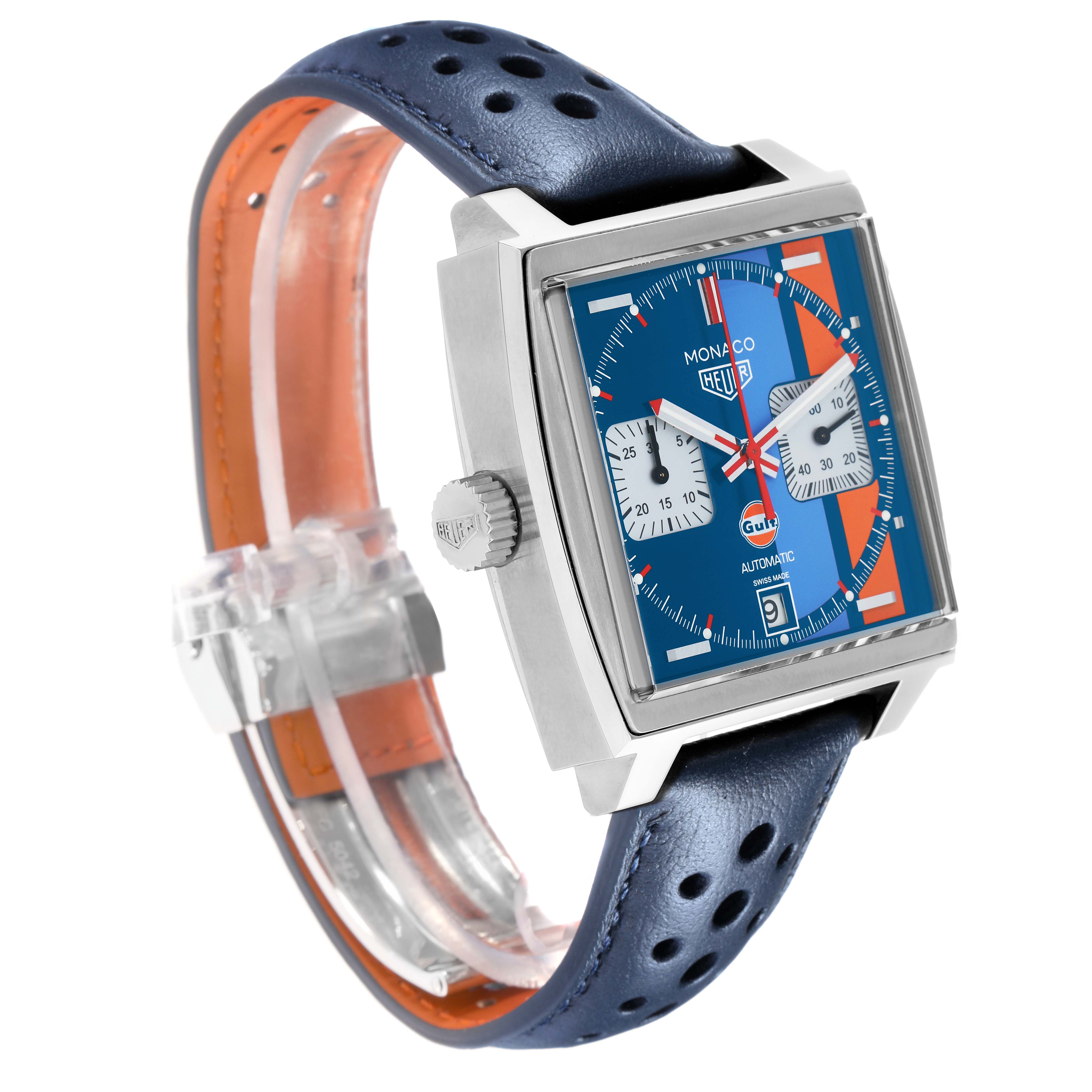 The Tag Heuer Monaco CAW211R Men
s Stainless Steel Blue Dial watch is shown at a three-quarter angle, displaying the dial, crown, and perforated leather strap.