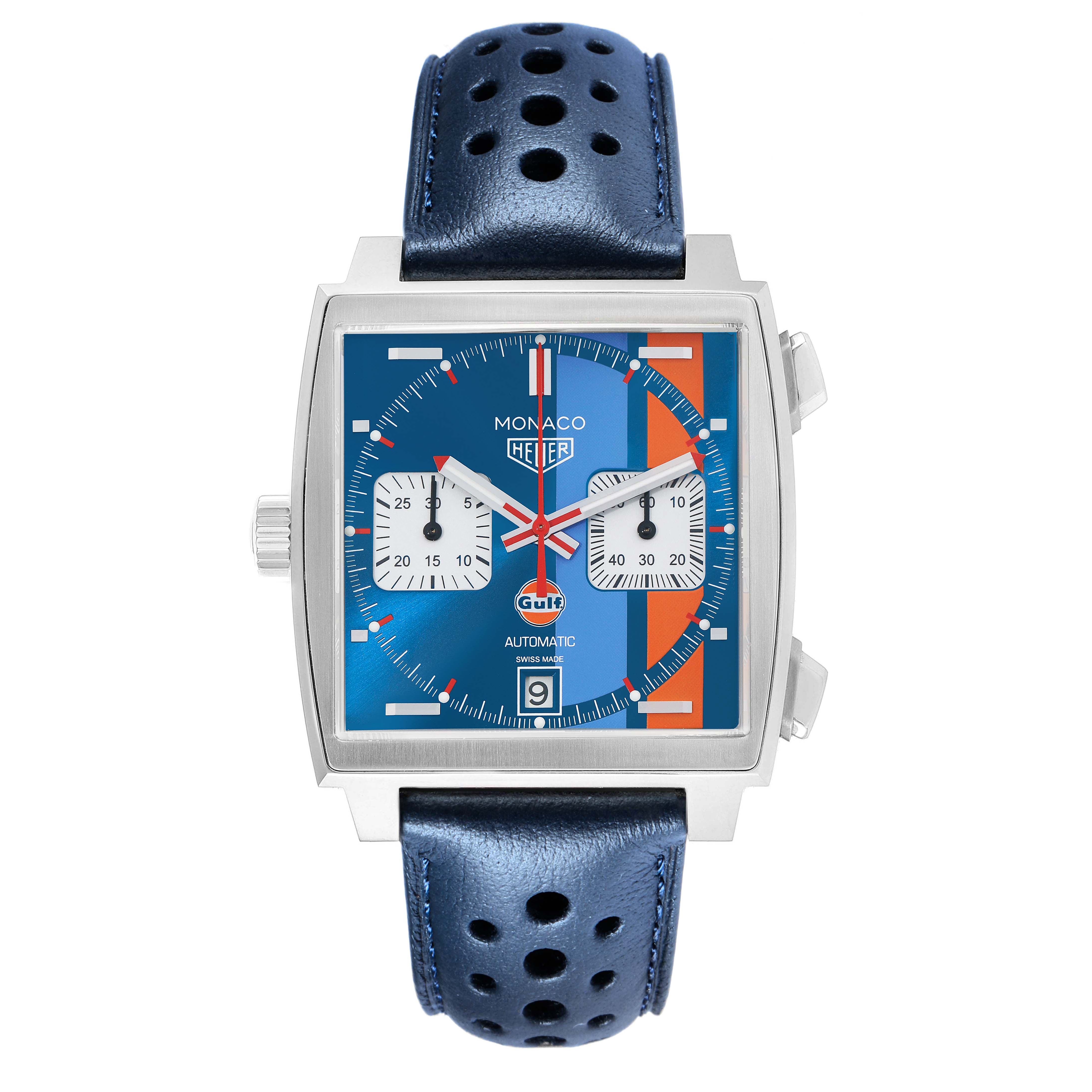 The Tag Heuer Monaco CAW211R Men
s Stainless Steel Blue Dial watch is shown from the front, displaying its square face, blue dial, chronograph subdials, and perforated strap.