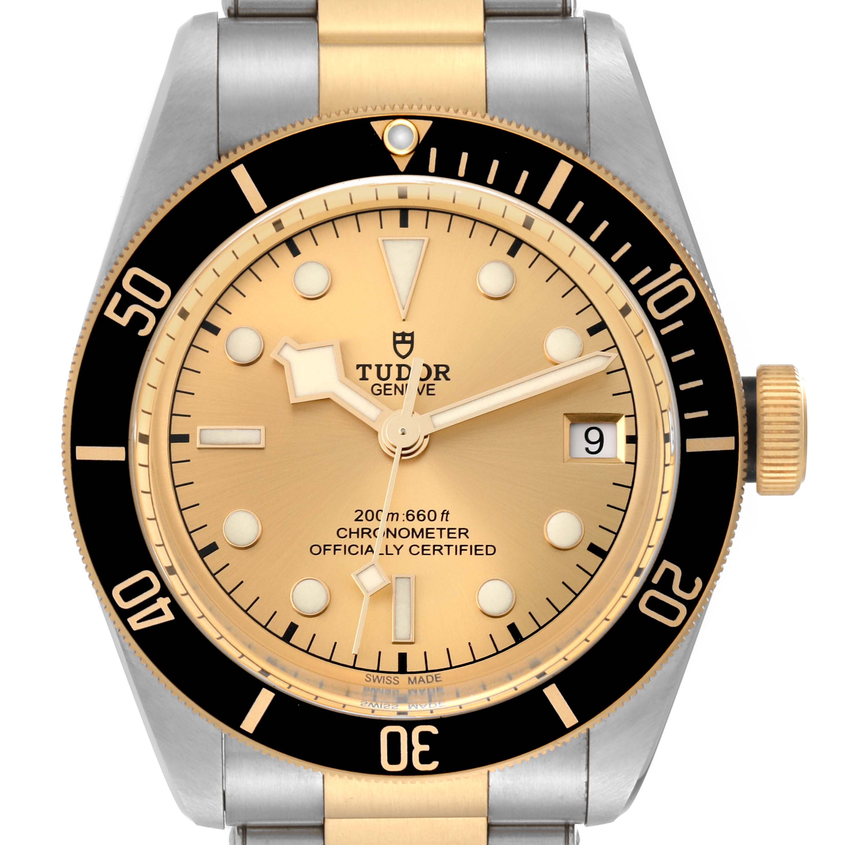 The image shows a front view of the Tudor Heritage Black Bay 79733 Men's Steel and Gold (two tone) Champagne Dial 79733 Men's Steel and Gold (two tone) Champagne Dial watch, featuring its dial, bezel, and part of the bracelet.