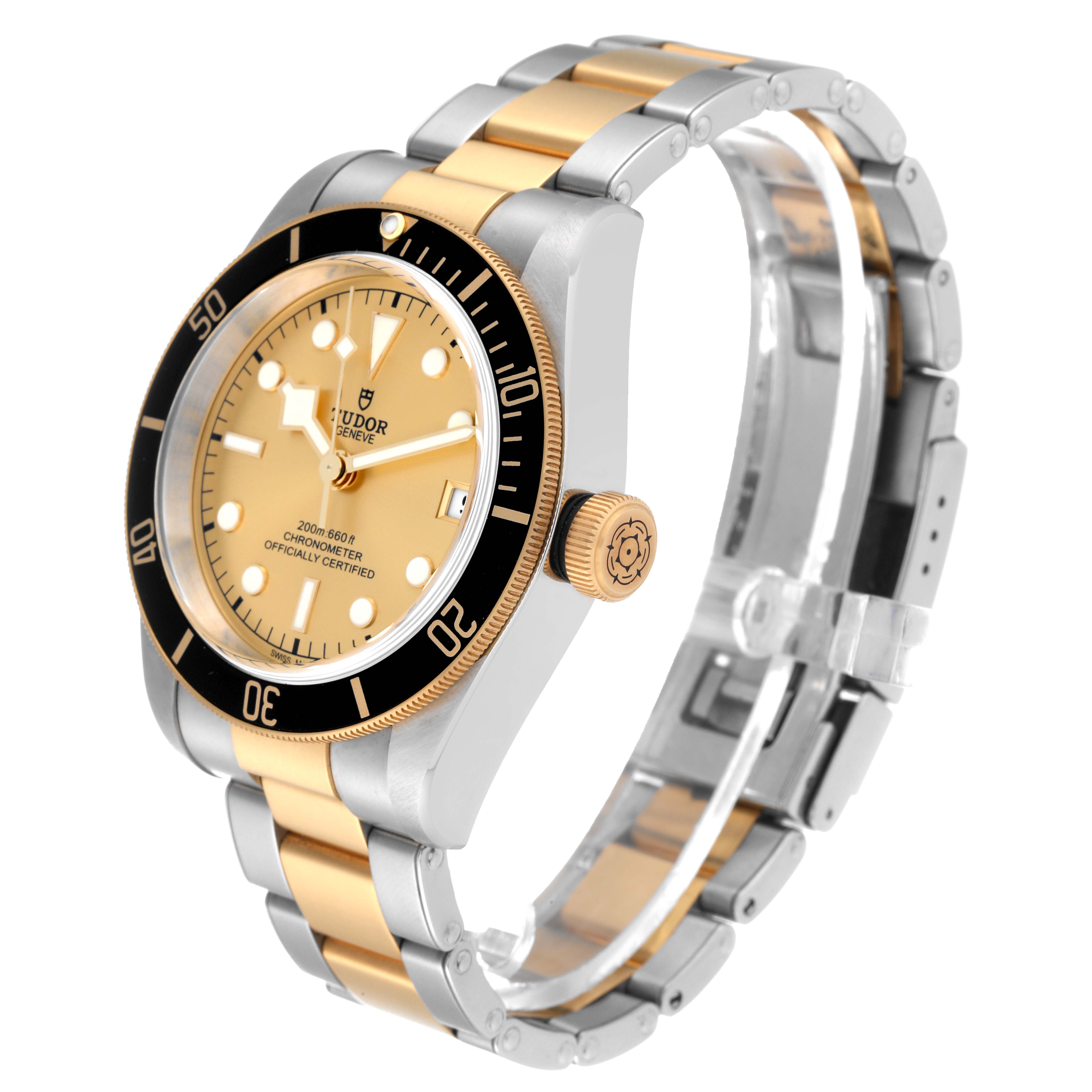 The image shows the Tudor Heritage Black Bay 79733 Men's Steel and Gold (two tone) Champagne Dial 79733 Men's Steel and Gold (two tone) Champagne Dial watch at a three-quarter angle, highlighting the dial, bezel, crown, and bracelet.