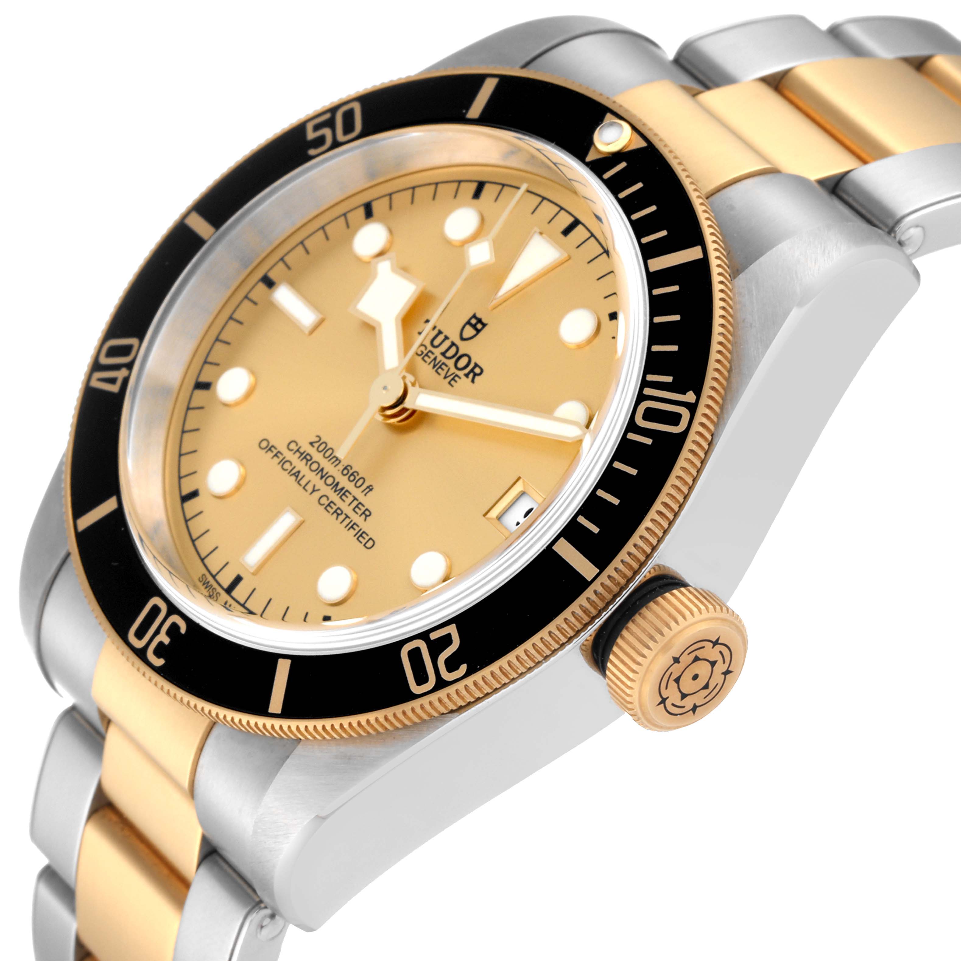 The image shows the Tudor Heritage Black Bay 79733 Men's Steel and Gold (two tone) Champagne Dial 79733 Men's Steel and Gold (two tone) Champagne Dial watch at an angle, highlighting the dial, bezel, crown, and metal bracelet.