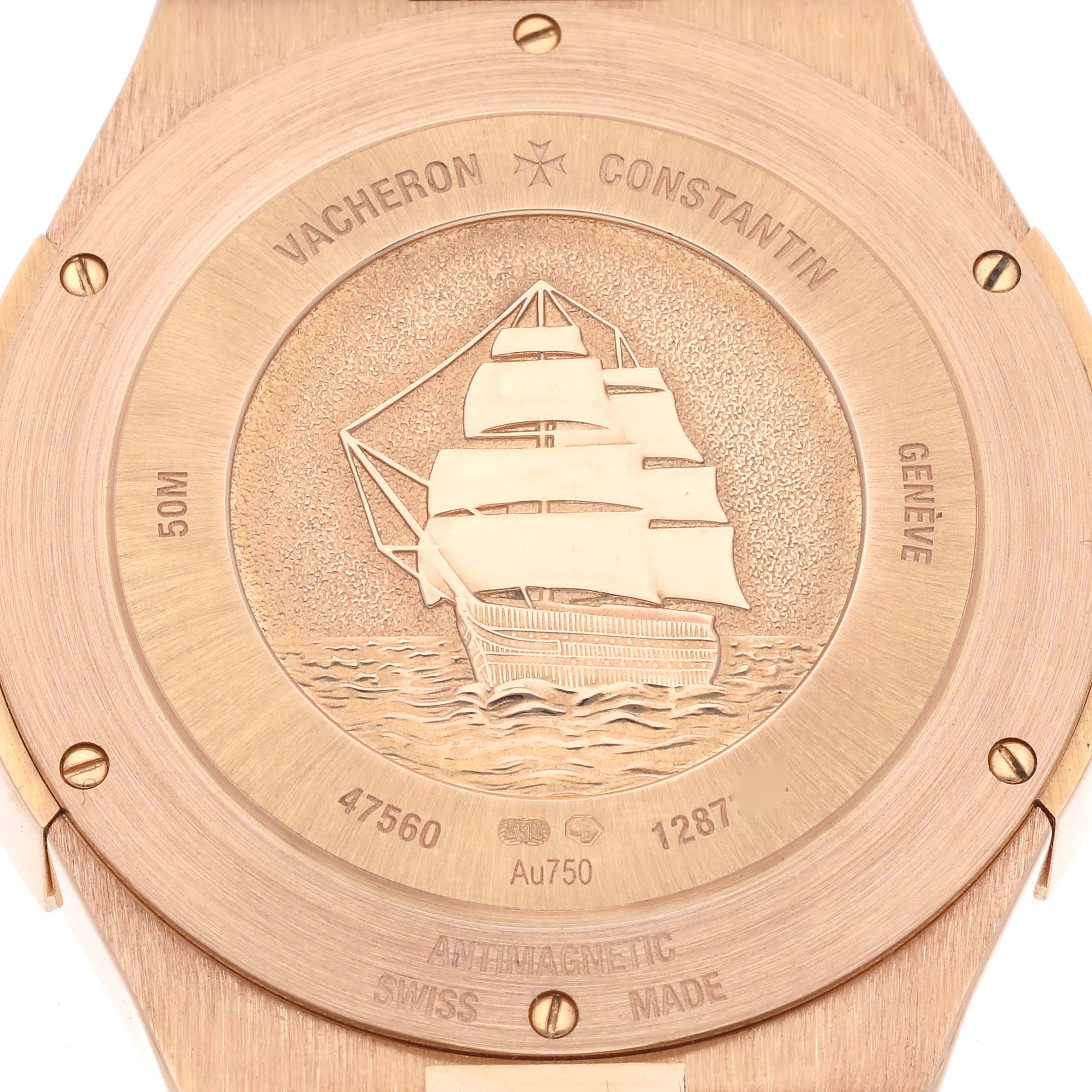 The image shows the back case of the Vacheron Constantin Overseas 47560/D01R-9672 Women's Rose Gold Silver Dial 47560/D01R-9672 Women's Rose Gold Silver Dial watch, featuring an engraved ship and model details.