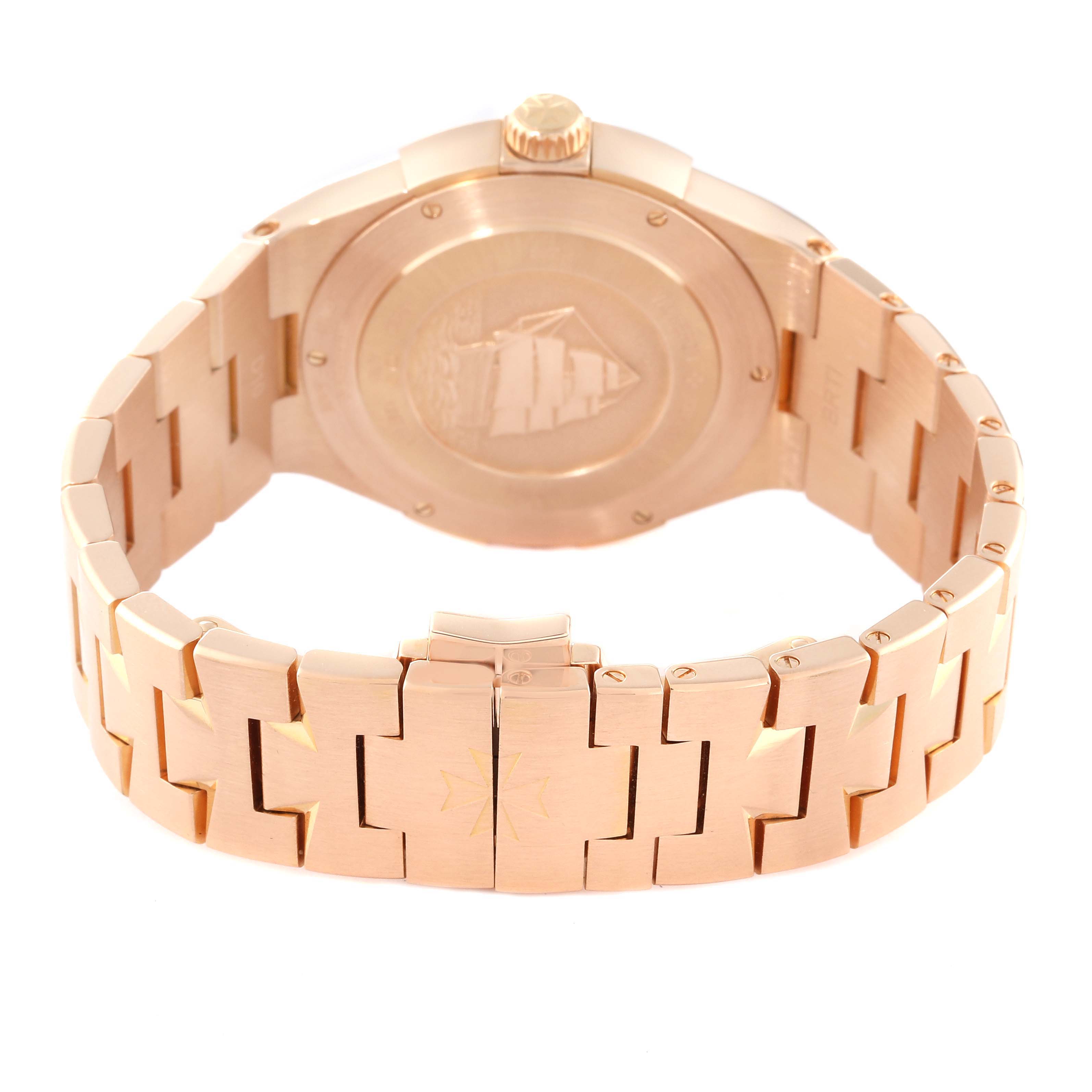 This Vacheron Constantin Overseas 47560/D01R-9672 Women's Rose Gold Silver Dial 47560/D01R-9672 Women's Rose Gold Silver Dial model is shown from the back, highlighting the case back and bracelet.
