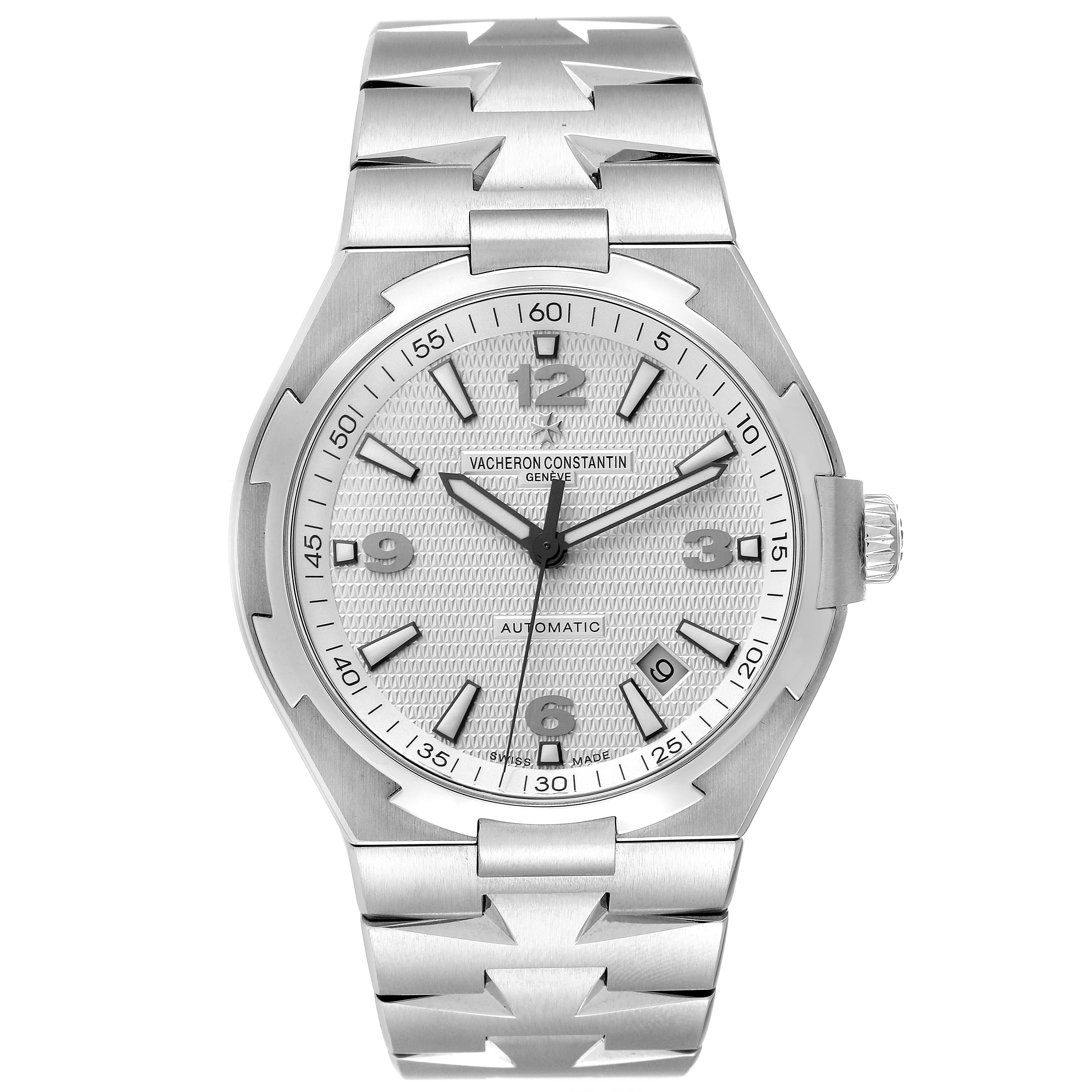 The Vacheron Constantin Overseas 47040B01A-9093 Men
s Stainless Steel Silver Dial 47040B01A-9093 Men
s Stainless Steel Silver Dial watch is shown from a front angle, displaying the dial, crown, and bracelet.