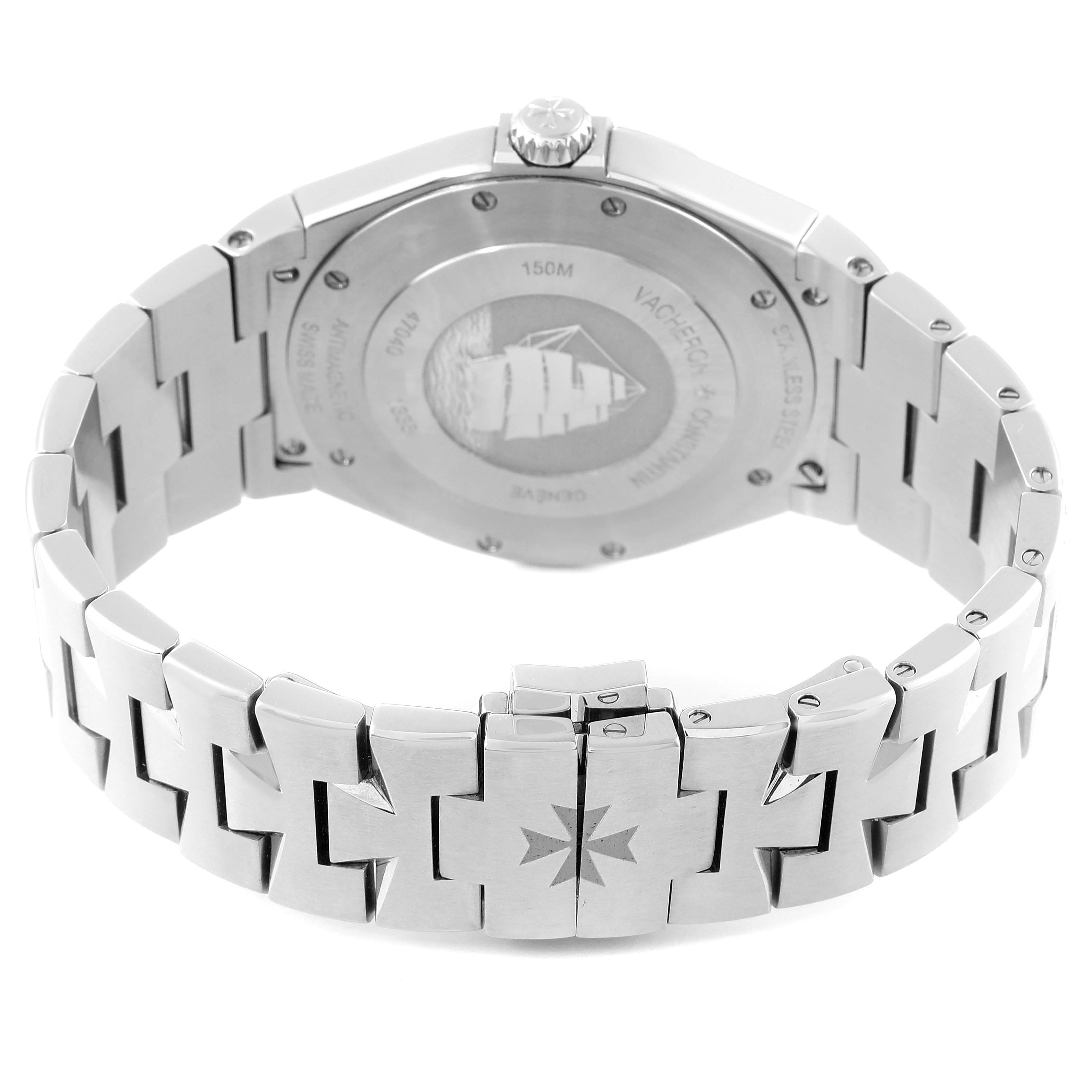 The image shows the back and bracelet of a Vacheron Constantin Overseas 47040B01A-9093 Men
s Stainless Steel Silver Dial 47040B01A-9093 Men
s Stainless Steel Silver Dial watch, highlighting the clasp and case back.