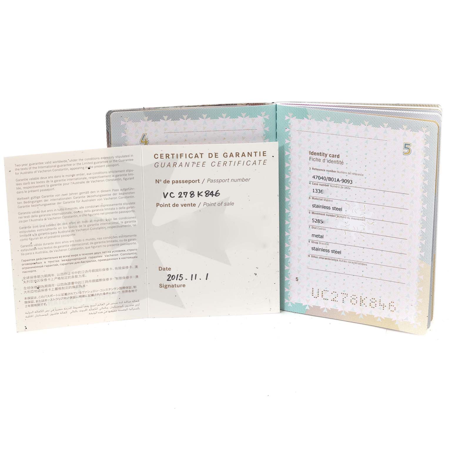 The image shows an open guarantee certificate and identity card for the Vacheron Constantin Overseas 47040B01A-9093 Men
s Stainless Steel Silver Dial 47040B01A-9093 Men
s Stainless Steel Silver Dial watch model.