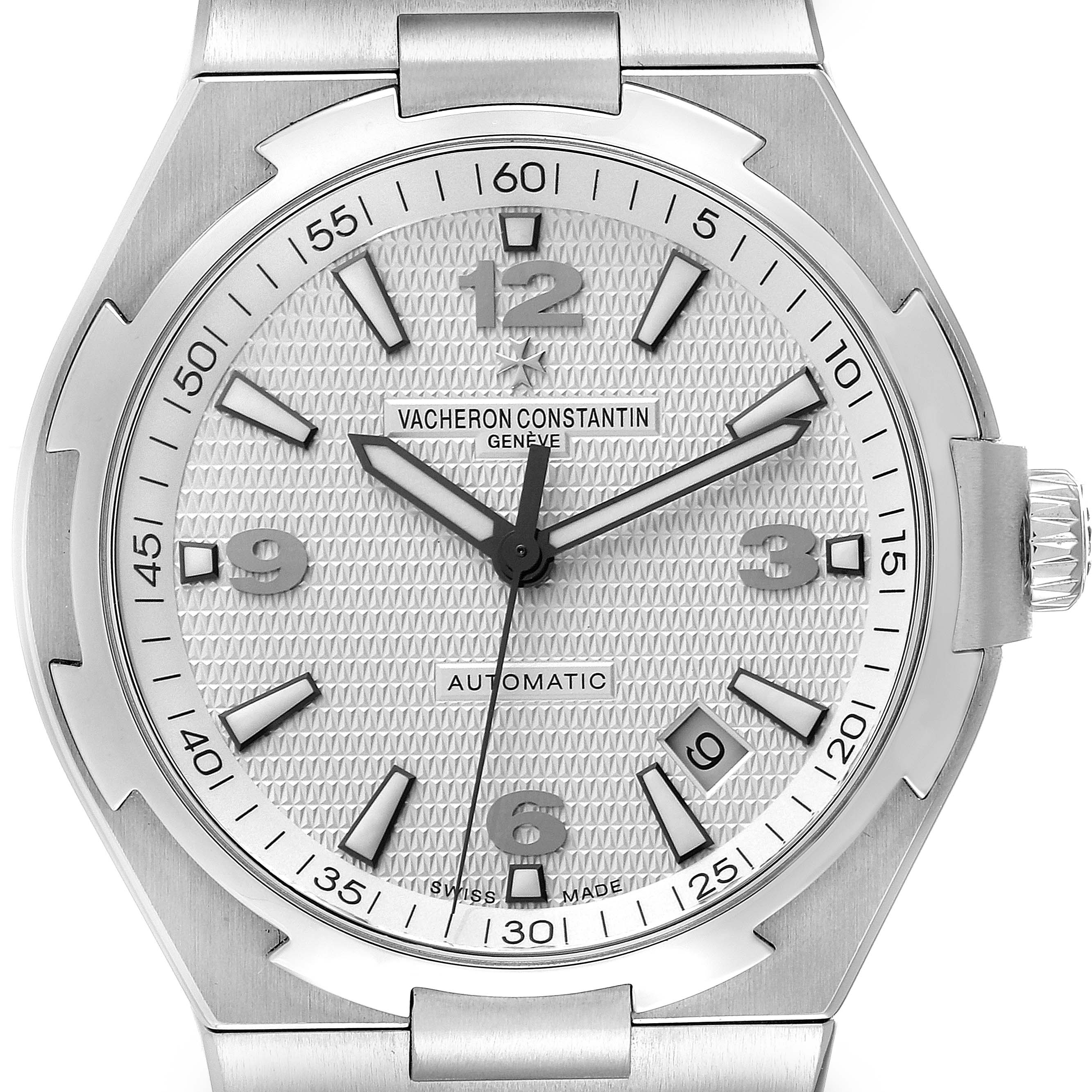 The image shows a front view of the dial and bezel of the Vacheron Constantin Overseas 47040B01A-9093 Men
s Stainless Steel Silver Dial 47040B01A-9093 Men
s Stainless Steel Silver Dial model watch.