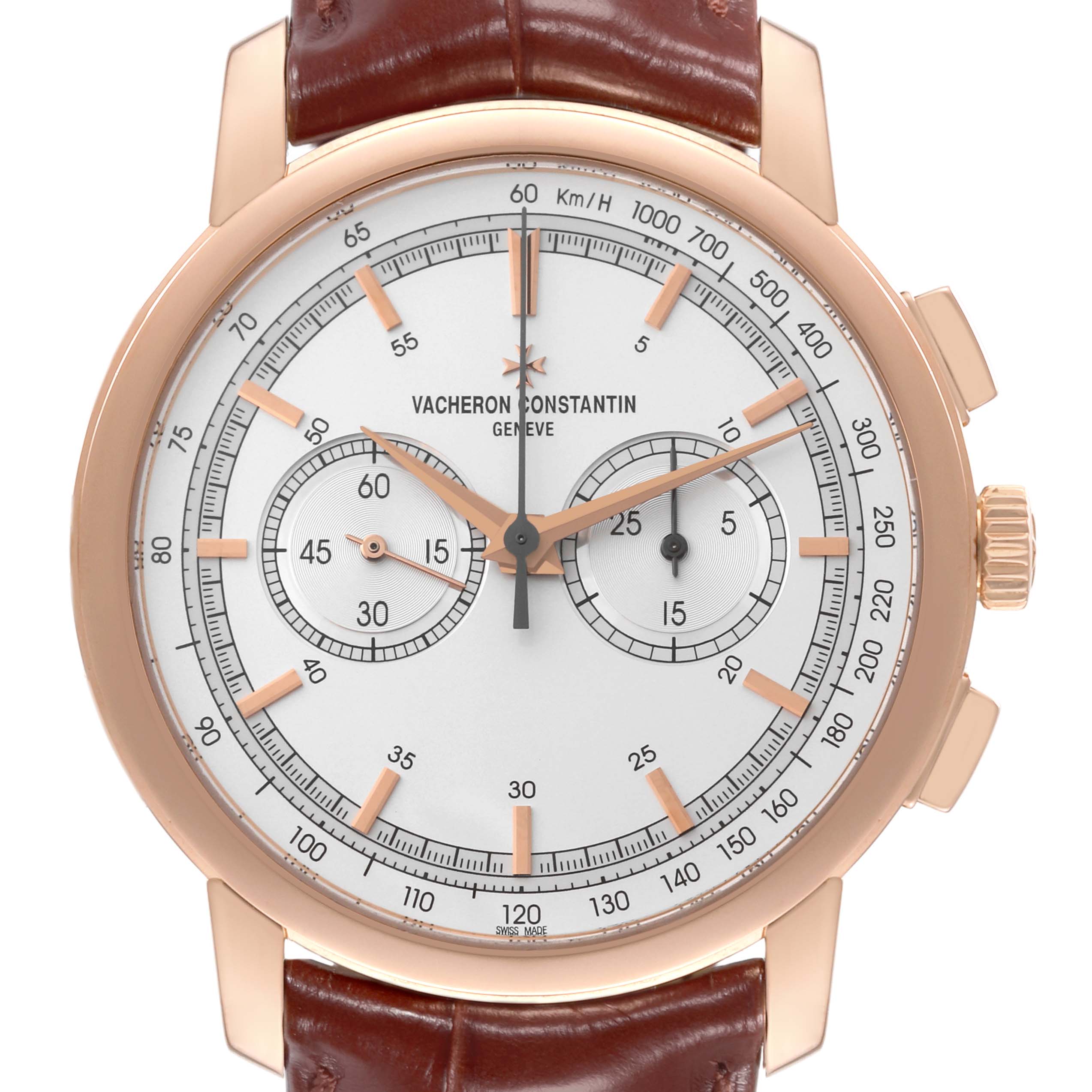 The image shows a front view of the Vacheron Constantin Traditionnelle 47192/000R-9352 Men's Rose Gold Silver Dial 47192/000R-9352 Men's Rose Gold Silver Dial watch, displaying the dial, sub-dials, and crown.