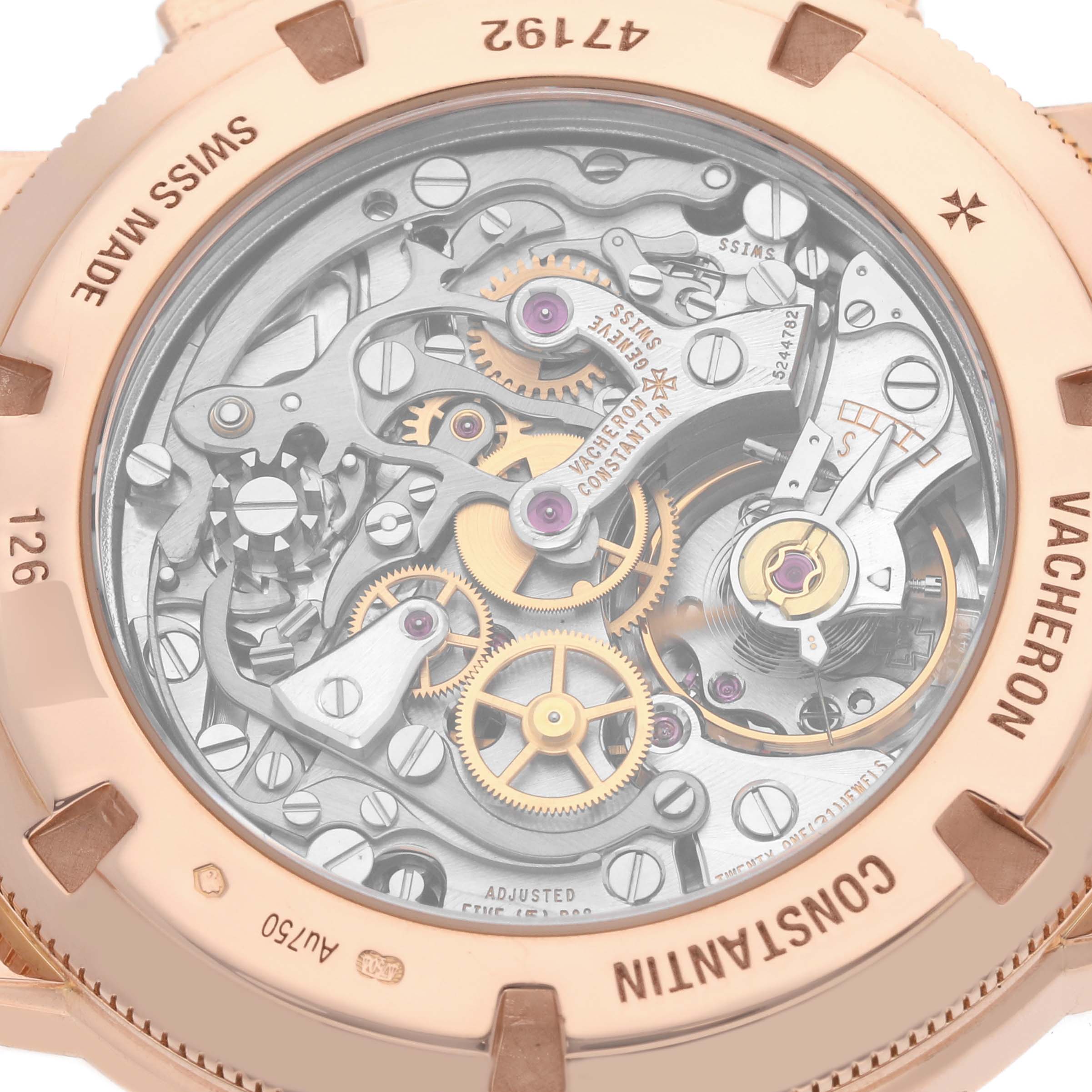 The image shows the backside of the Vacheron Constantin Traditionnelle 47192/000R-9352 Men's Rose Gold Silver Dial 47192/000R-9352 Men's Rose Gold Silver Dial watch, revealing its intricate mechanical movement.