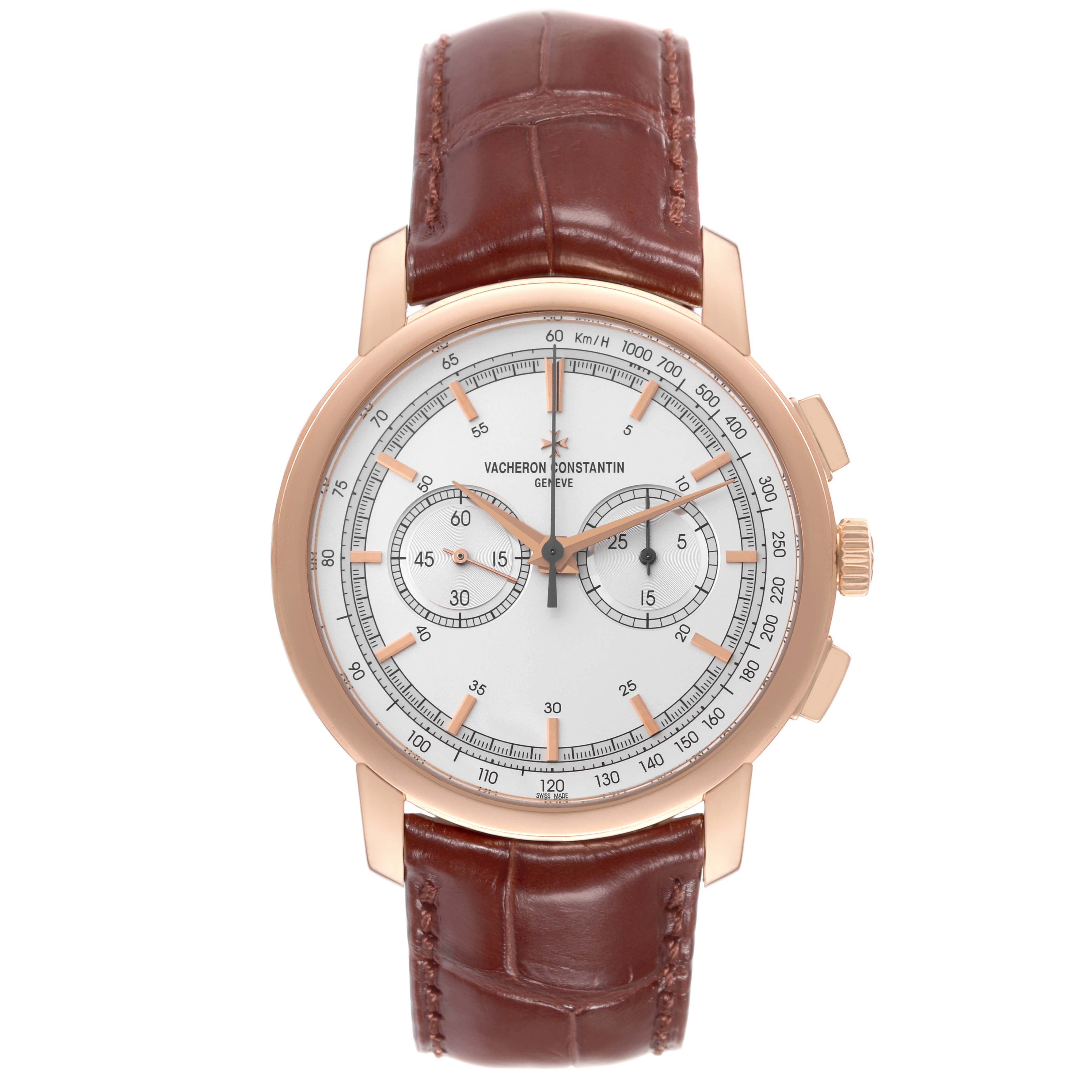 The Vacheron Constantin Traditionnelle 47192/000R-9352 Men's Rose Gold Silver Dial 47192/000R-9352 Men's Rose Gold Silver Dial watch is shown from a front angle, displaying its dial, case, and leather strap.