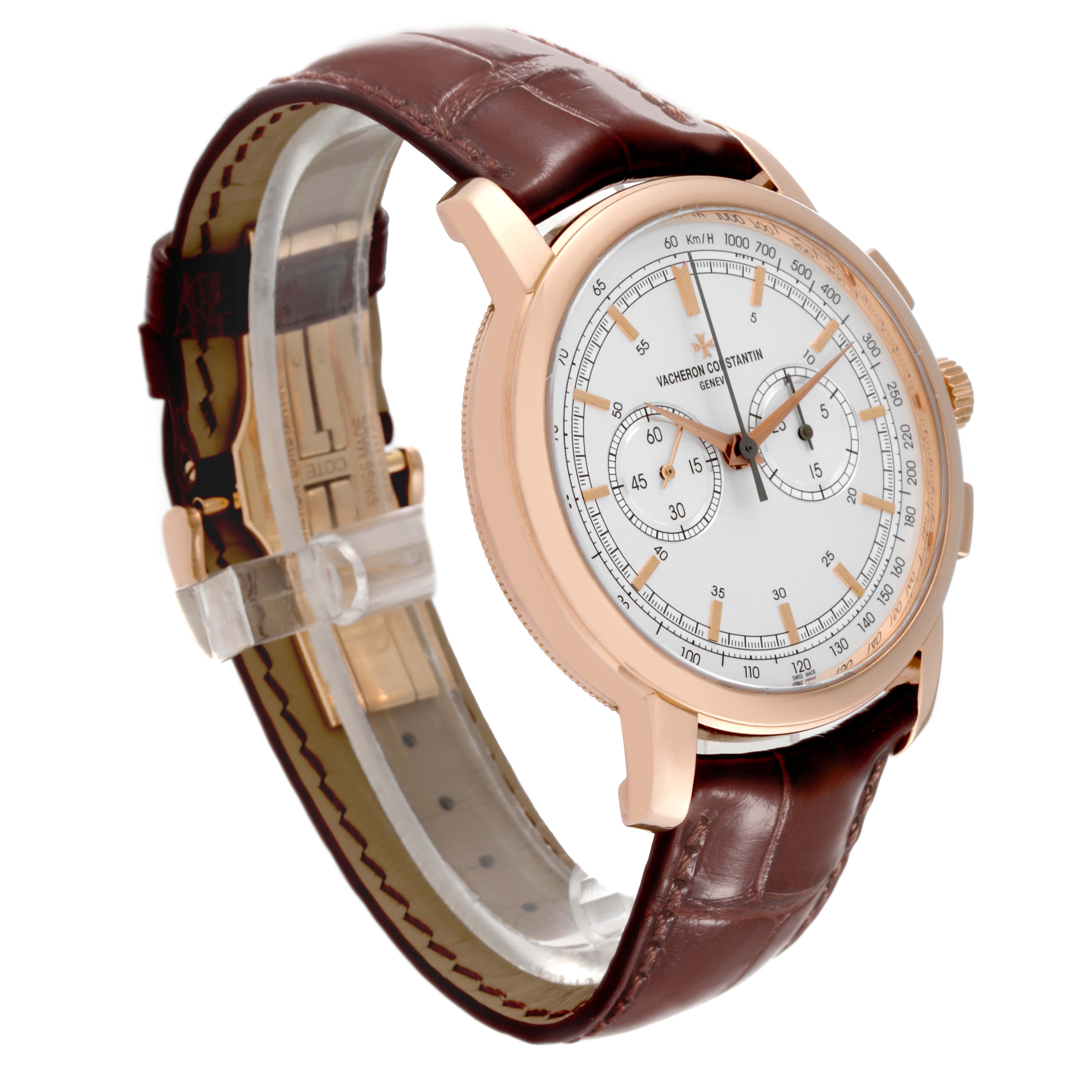 The image shows a Vacheron Constantin Traditionnelle 47192/000R-9352 Men's Rose Gold Silver Dial 47192/000R-9352 Men's Rose Gold Silver Dial watch with a side-angle view displaying the face, case, and leather strap.