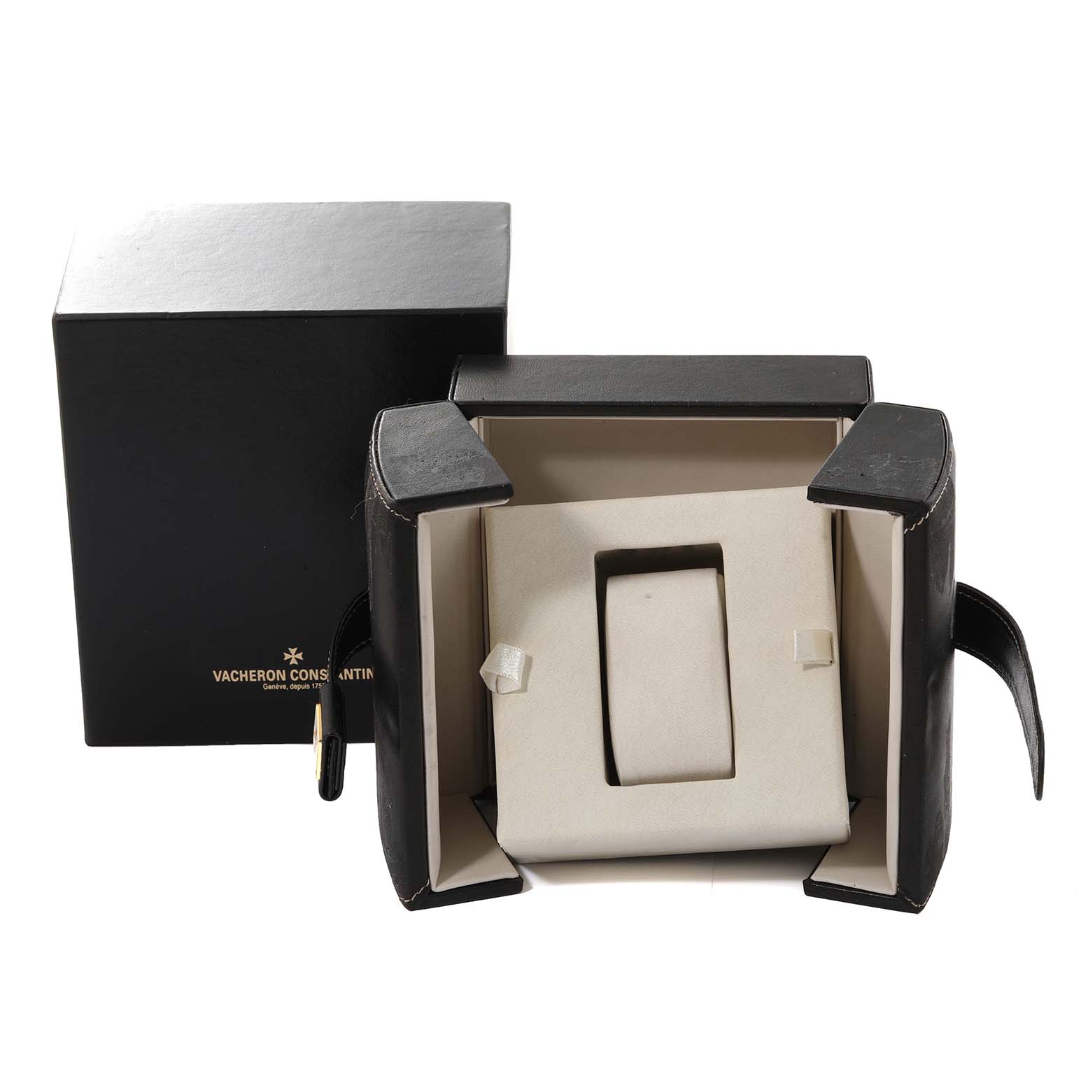 The image shows the packaging contents for a Vacheron Constantin Traditionnelle 47192/000R-9352 Men's Rose Gold Silver Dial 47192/000R-9352 Men's Rose Gold Silver Dial model watch, including the watch box and an empty cushion.