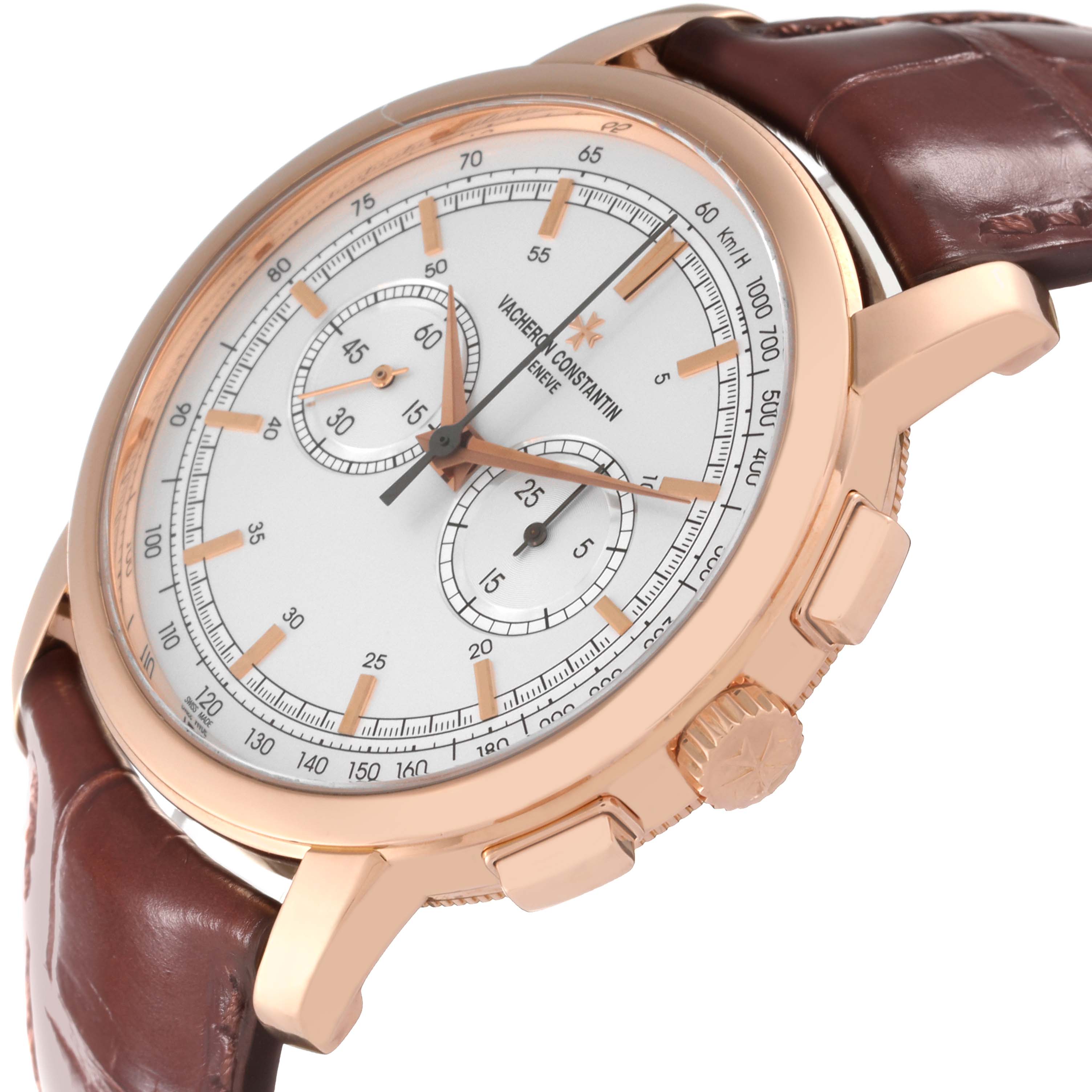The Vacheron Constantin Traditionnelle 47192/000R-9352 Men's Rose Gold Silver Dial 47192/000R-9352 Men's Rose Gold Silver Dial watch is shown at a slight angle, highlighting the face, crown, pushers, and part of the leather strap.