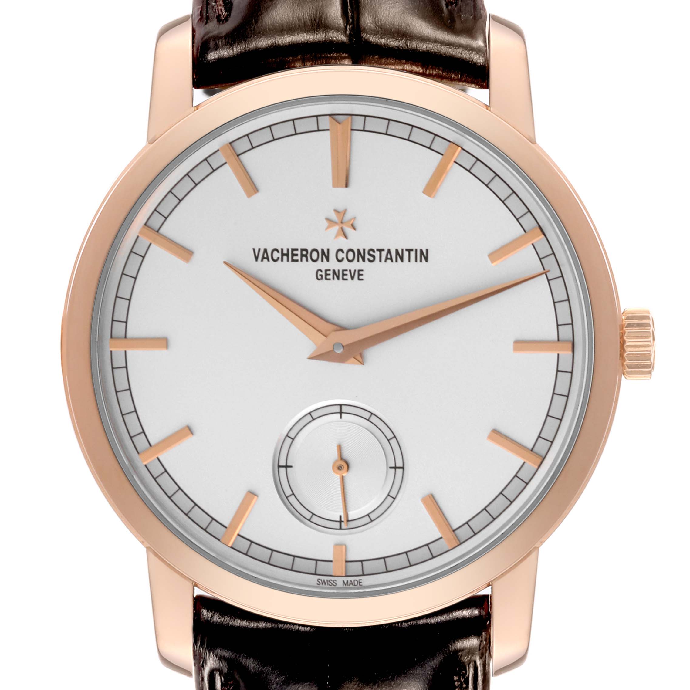 The Vacheron Constantin Traditionnelle 82172/000R-9382 Men's Rose Gold Silver Dial 82172/000R-9382 Men's Rose Gold Silver Dial model is shown from a frontal angle, displaying the dial, hands, crown, and part of the strap.