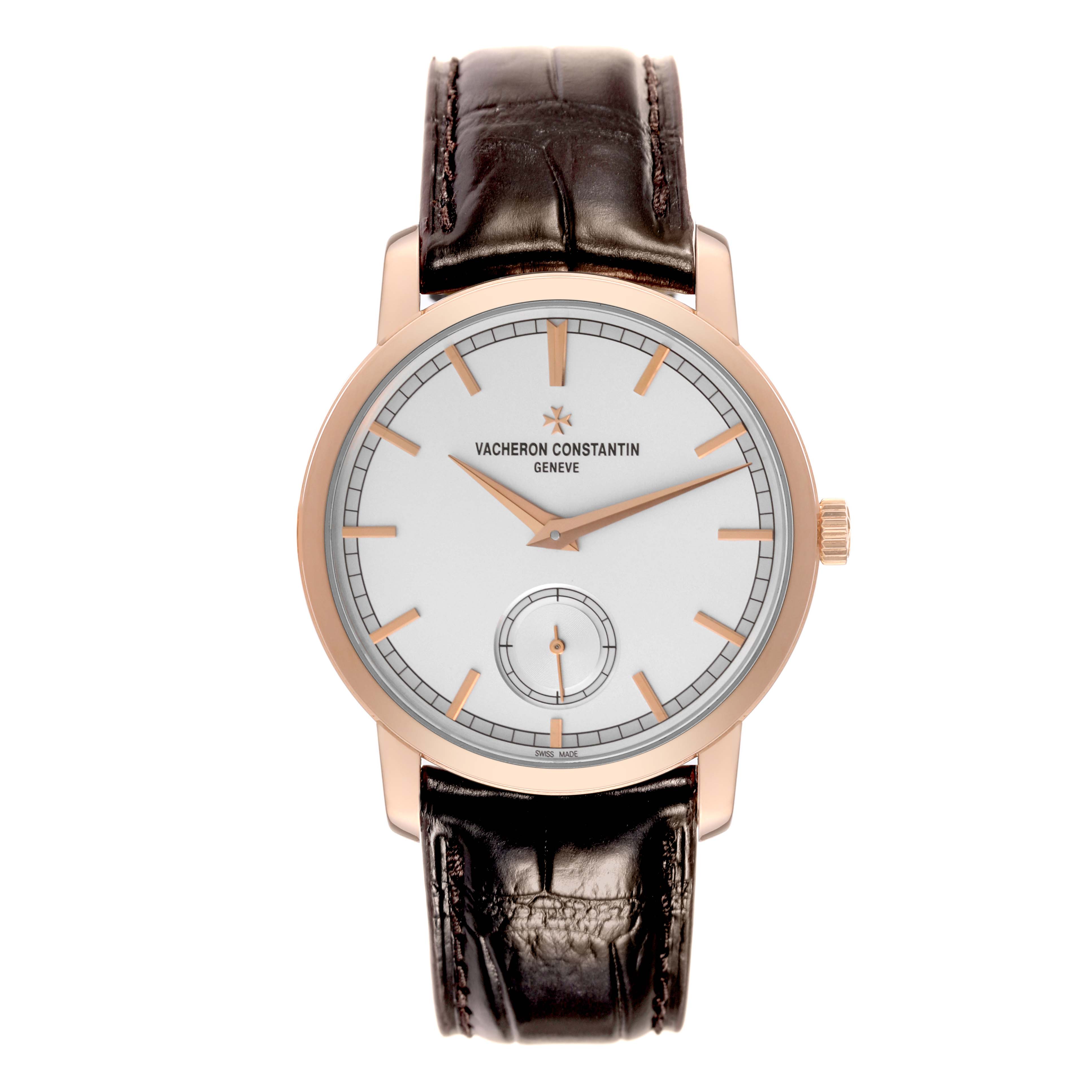 This image shows a front view of the Vacheron Constantin Traditionnelle 82172/000R-9382 Men's Rose Gold Silver Dial 82172/000R-9382 Men's Rose Gold Silver Dial watch, highlighting the dial, hands, and leather strap.