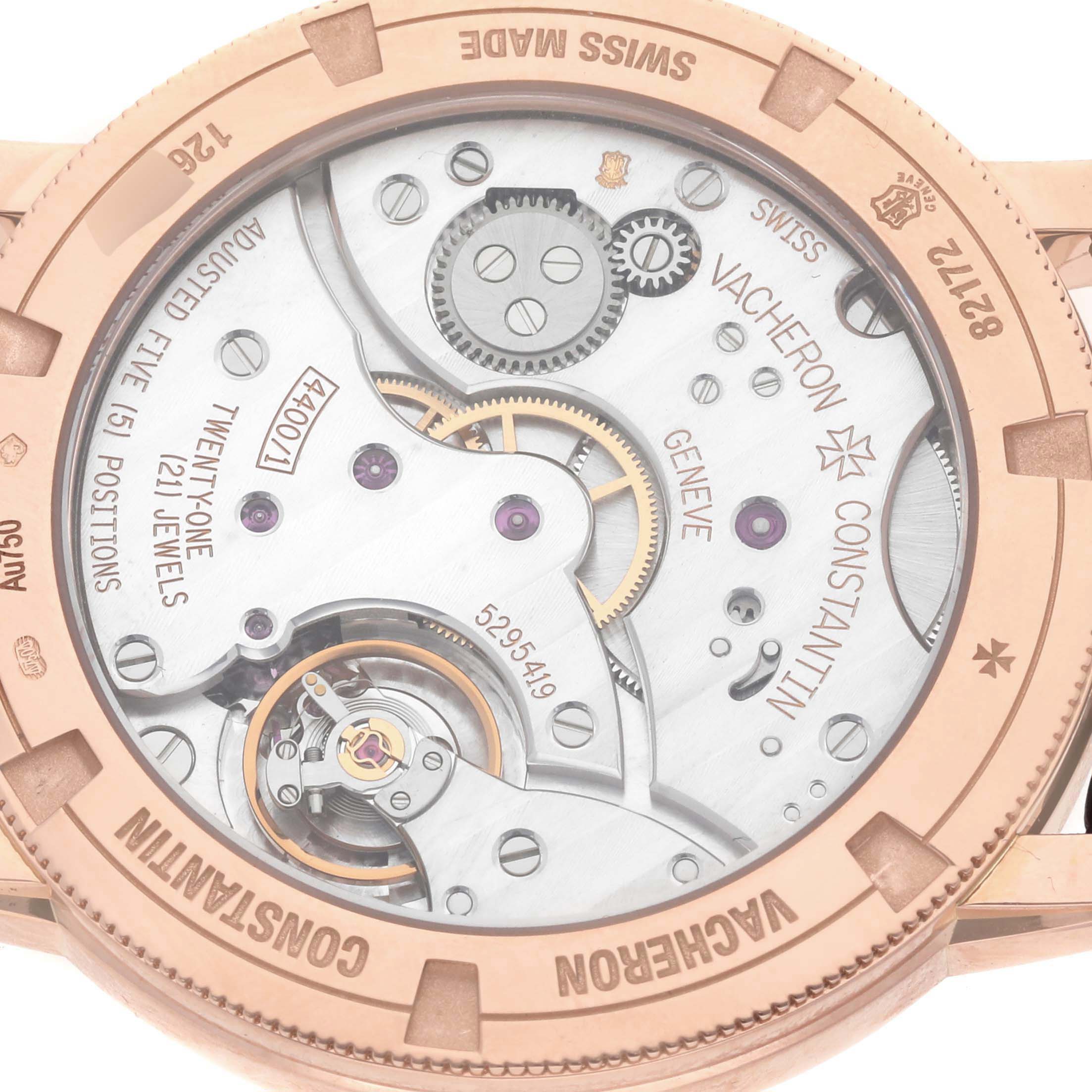 The image shows the back view of the Vacheron Constantin Traditionnelle 82172/000R-9382 Men's Rose Gold Silver Dial 82172/000R-9382 Men's Rose Gold Silver Dial watch, displaying the intricate movement and engravings.