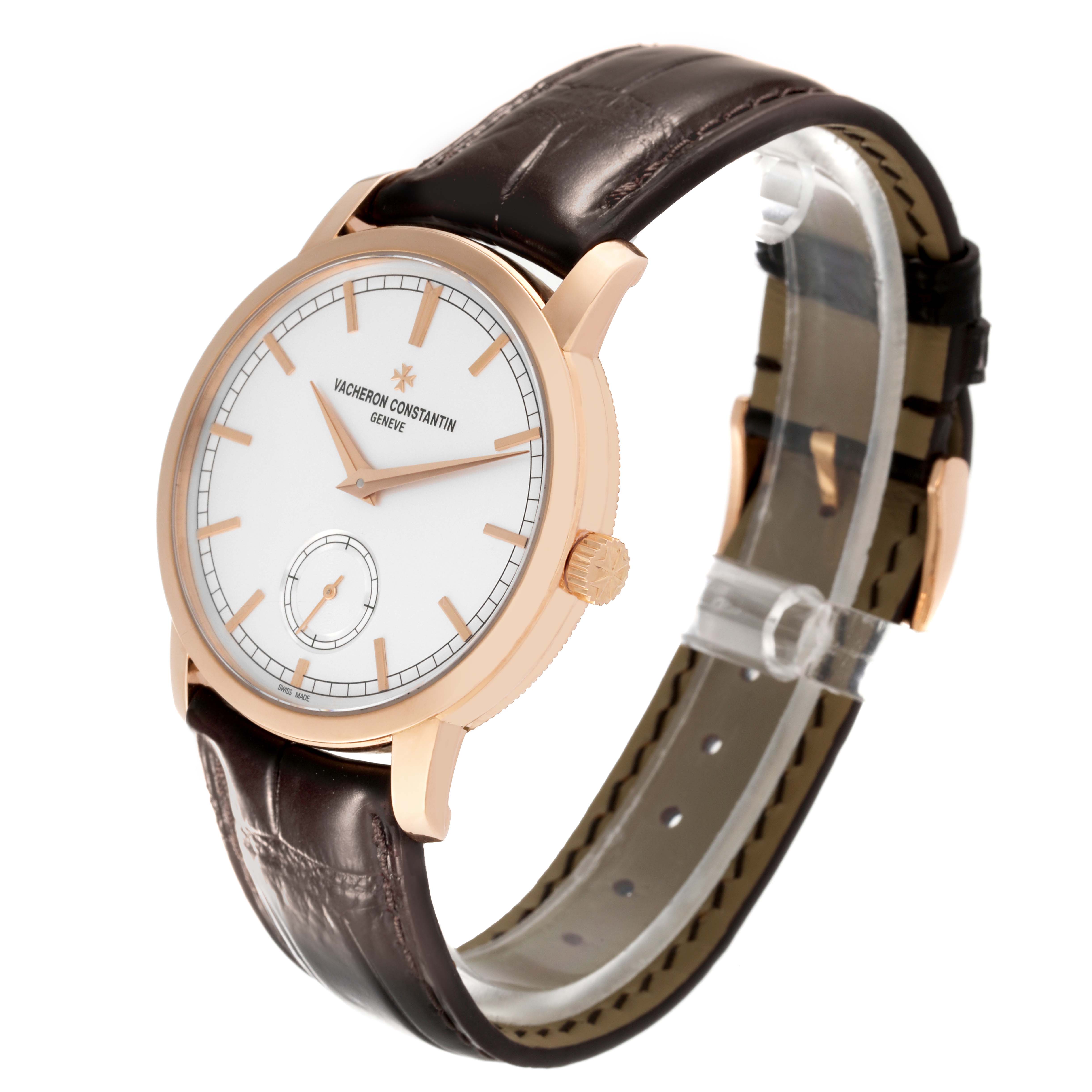 The Vacheron Constantin Traditionnelle 82172/000R-9382 Men's Rose Gold Silver Dial 82172/000R-9382 Men's Rose Gold Silver Dial watch is shown at a three-quarter angle, displaying the dial, case, crown, and leather strap.