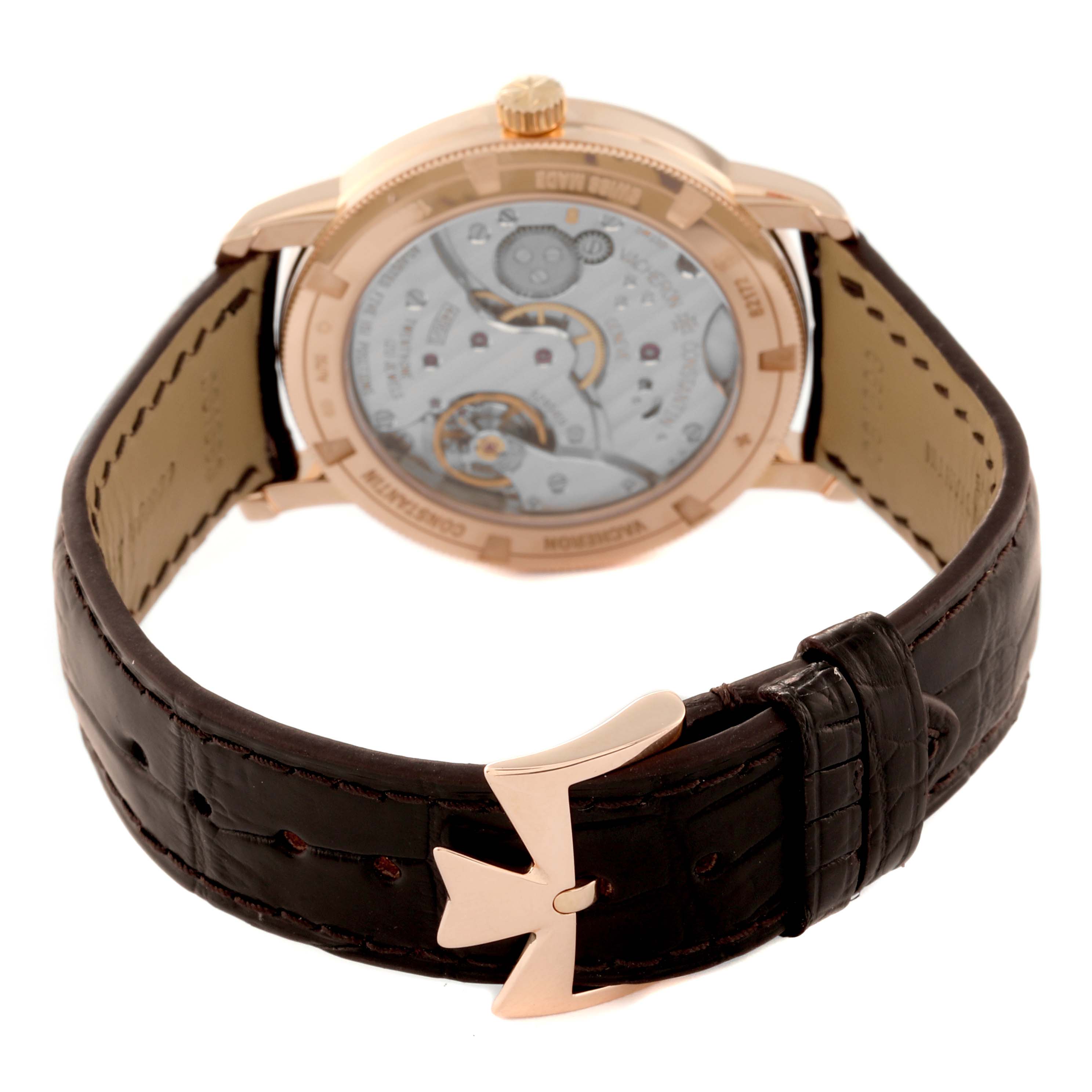The image shows the rear view of the Vacheron Constantin Traditionnelle 82172/000R-9382 Men's Rose Gold Silver Dial 82172/000R-9382 Men's Rose Gold Silver Dial watch, highlighting the movement and leather strap with clasp.