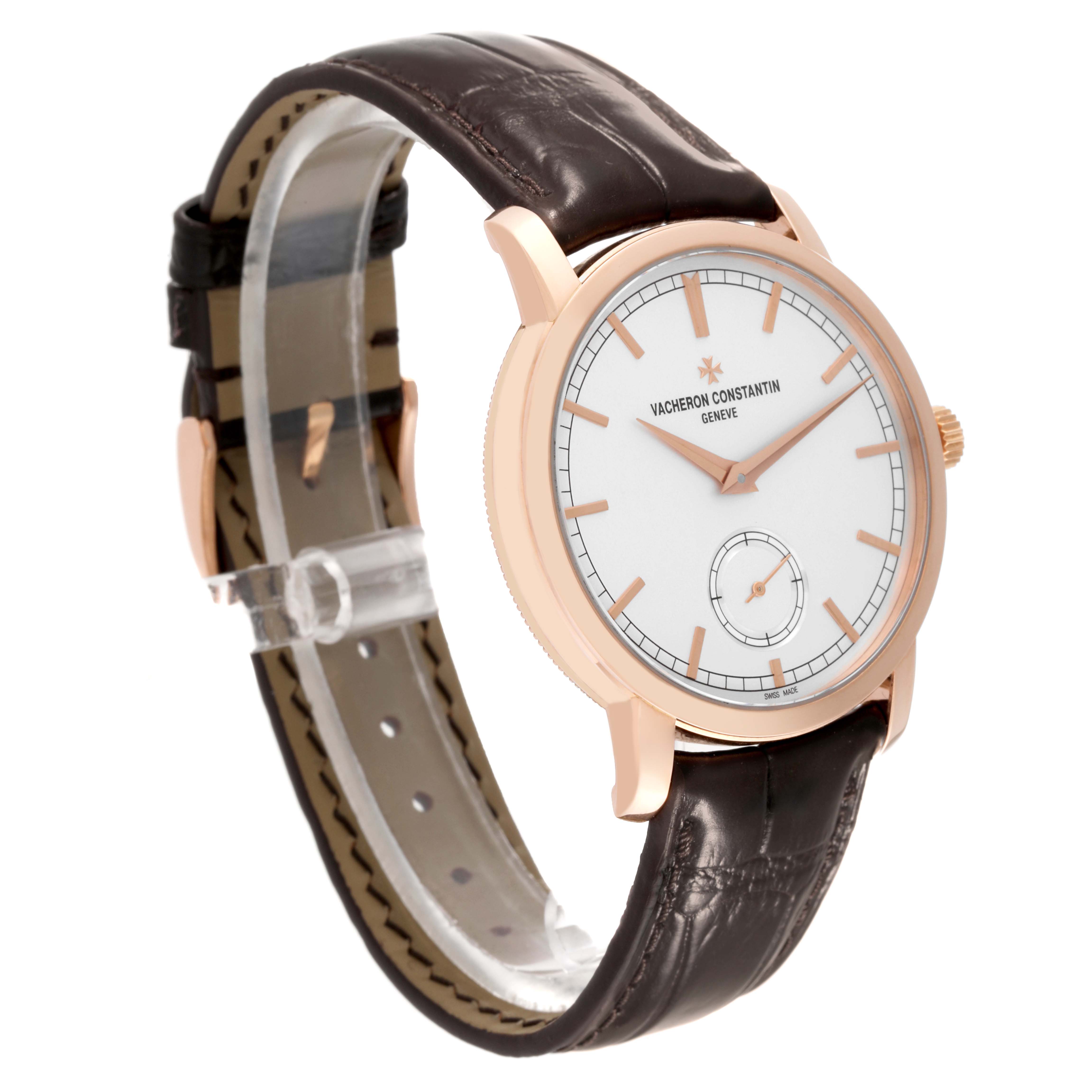 The Vacheron Constantin Traditionnelle 82172/000R-9382 Men's Rose Gold Silver Dial 82172/000R-9382 Men's Rose Gold Silver Dial watch is shown at a three-quarter angle, displaying the face, dial, case, bezel, and leather strap.