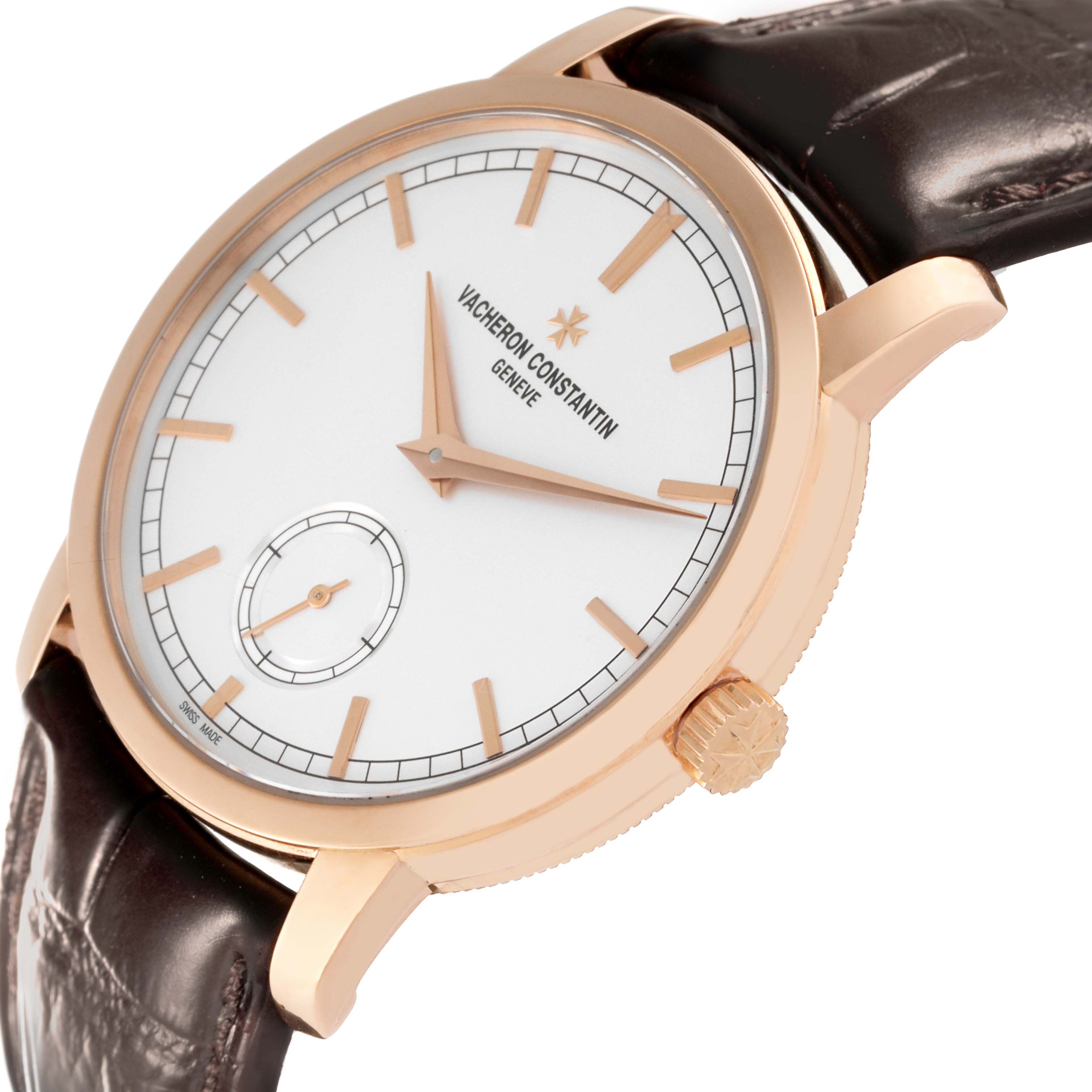 The Traditionnelle by Vacheron Constantin watch is shown from a front angled view, displaying its face, hands, case, crown, and part of the leather strap.