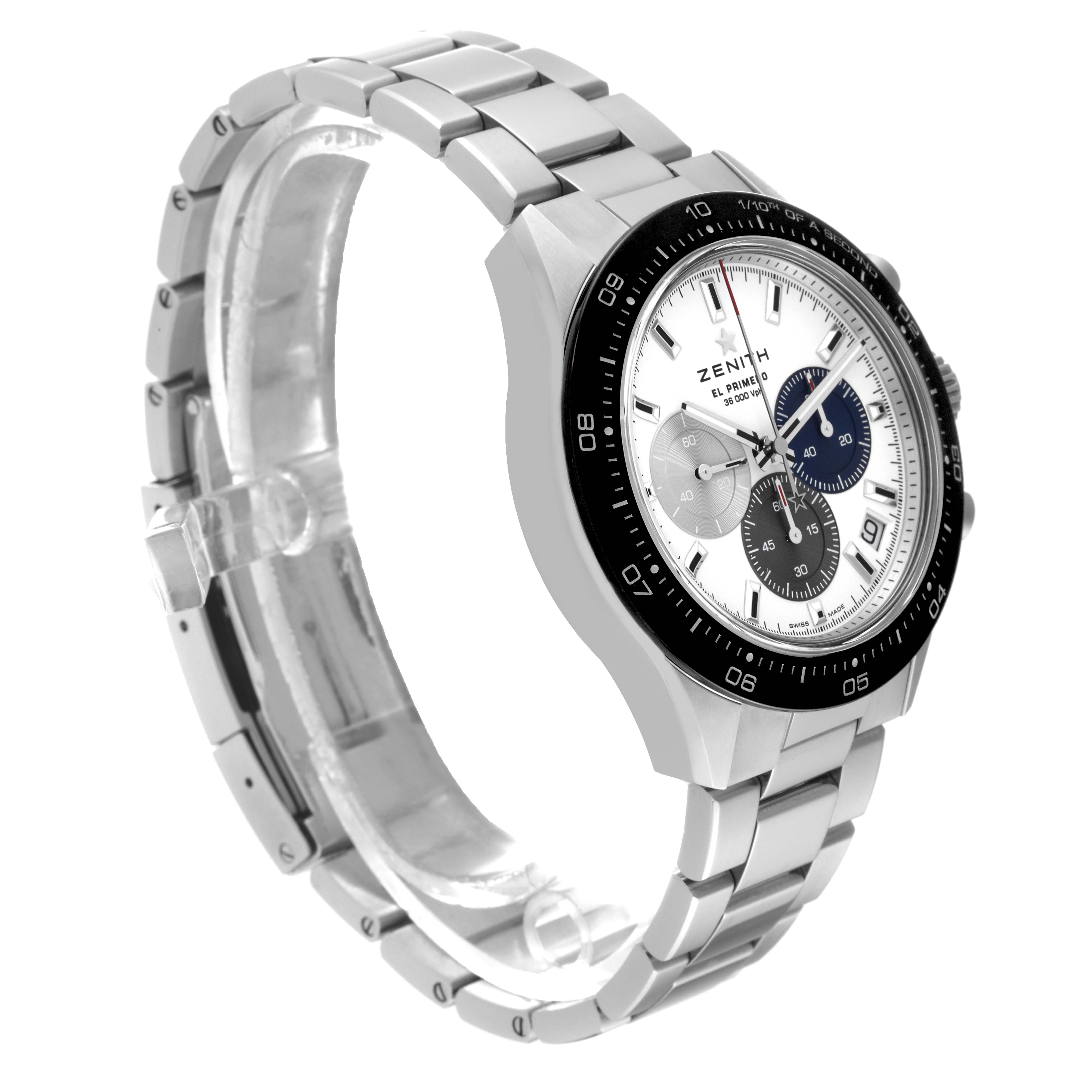 The image shows a Zenith Chronomaster 03.3100.3600/69.M3100 Men's Stainless Steel White Dial 03.3100.3600/69.M3100 Men's Stainless Steel White Dial watch from a 3/4 angle, highlighting the face, bezel, and metal bracelet.