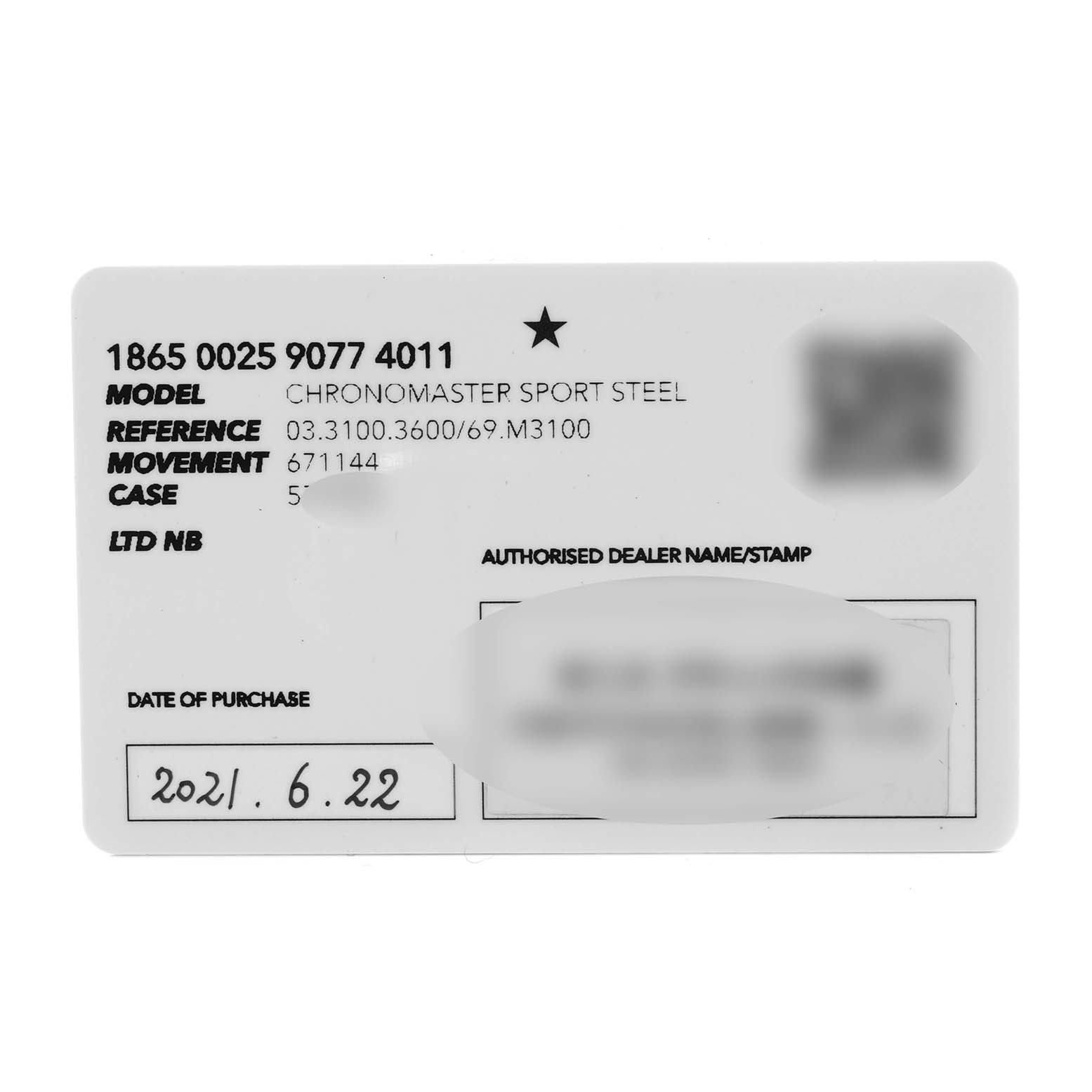 The image shows the warranty card for a Zenith Chronomaster 03.3100.3600/69.M3100 Men's Stainless Steel White Dial 03.3100.3600/69.M3100 Men's Stainless Steel White Dial Sport Steel watch, featuring model details and purchase date.