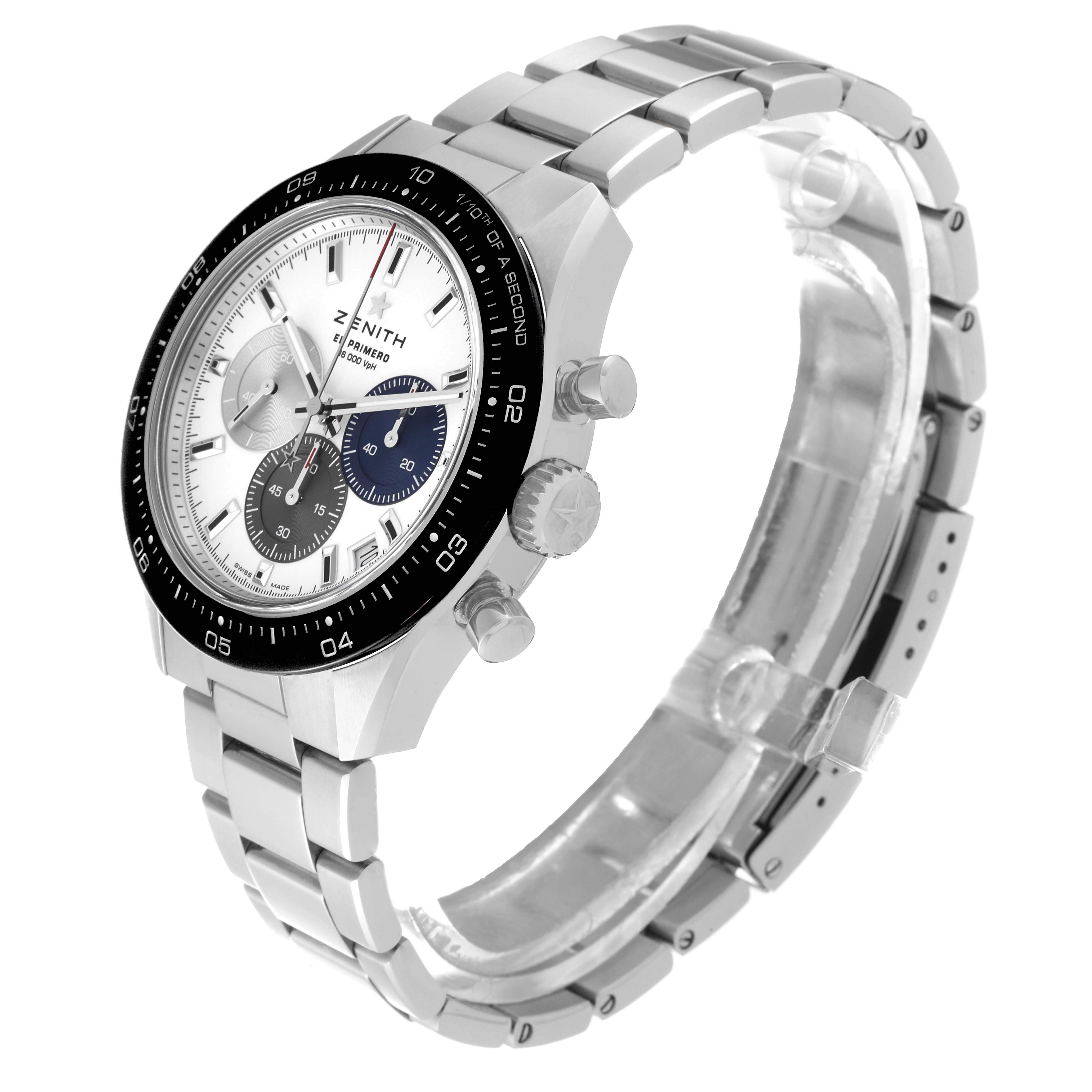 The Zenith Chronomaster 03.3100.3600/69.M3100 Men's Stainless Steel White Dial 03.3100.3600/69.M3100 Men's Stainless Steel White Dial watch is shown from a slightly tilted side angle, highlighting its face, bezel, and metallic bracelet.