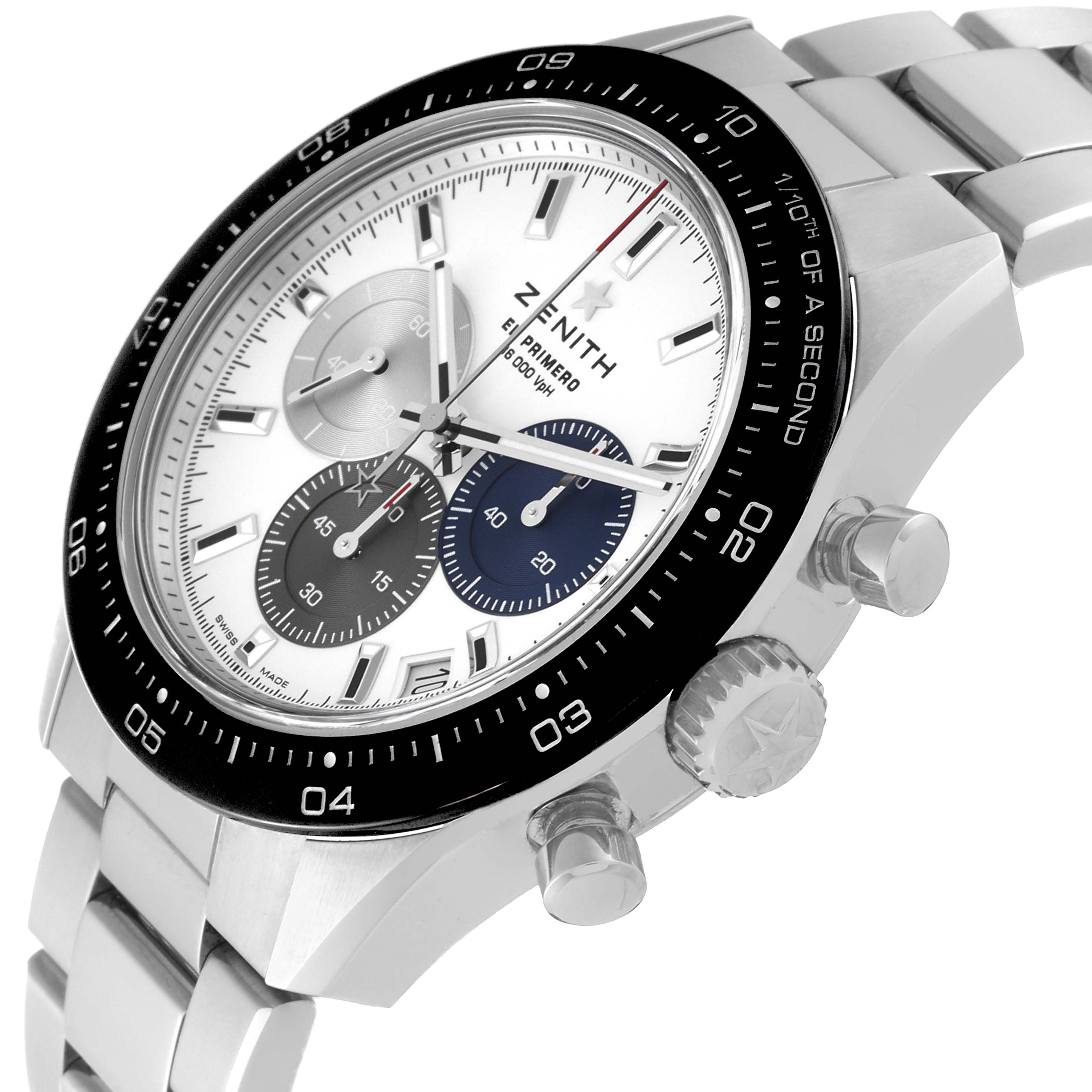 This image shows a Zenith Chronomaster 03.3100.3600/69.M3100 Men's Stainless Steel White Dial 03.3100.3600/69.M3100 Men's Stainless Steel White Dial watch at an angled close-up, highlighting its bezel, dial, pushers, and part of the bracelet.