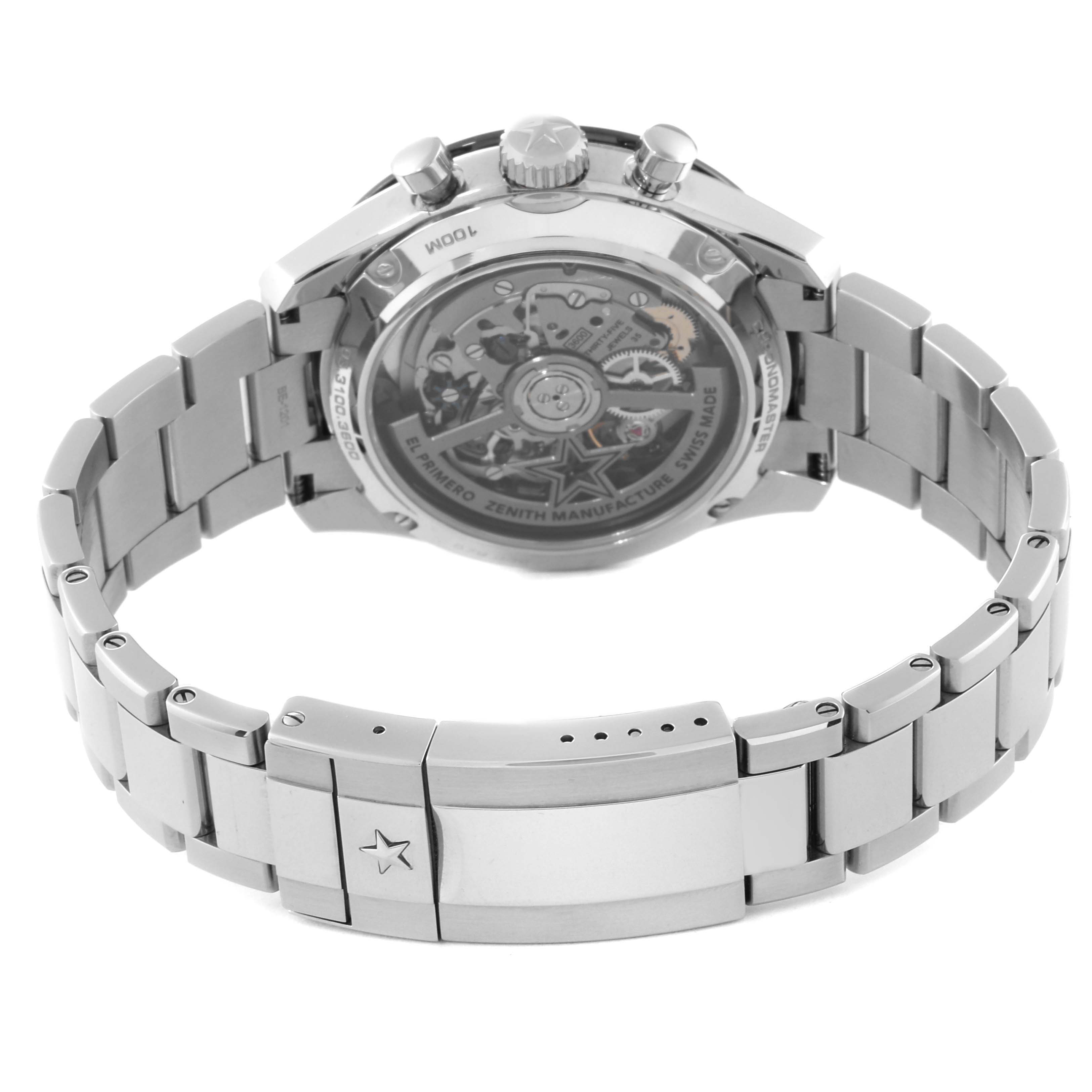 The image shows a Zenith Chronomaster 03.3100.3600/69.M3100 Men's Stainless Steel White Dial 03.3100.3600/69.M3100 Men's Stainless Steel White Dial watch from the back, highlighting its metal bracelet and open case back displaying the movement.