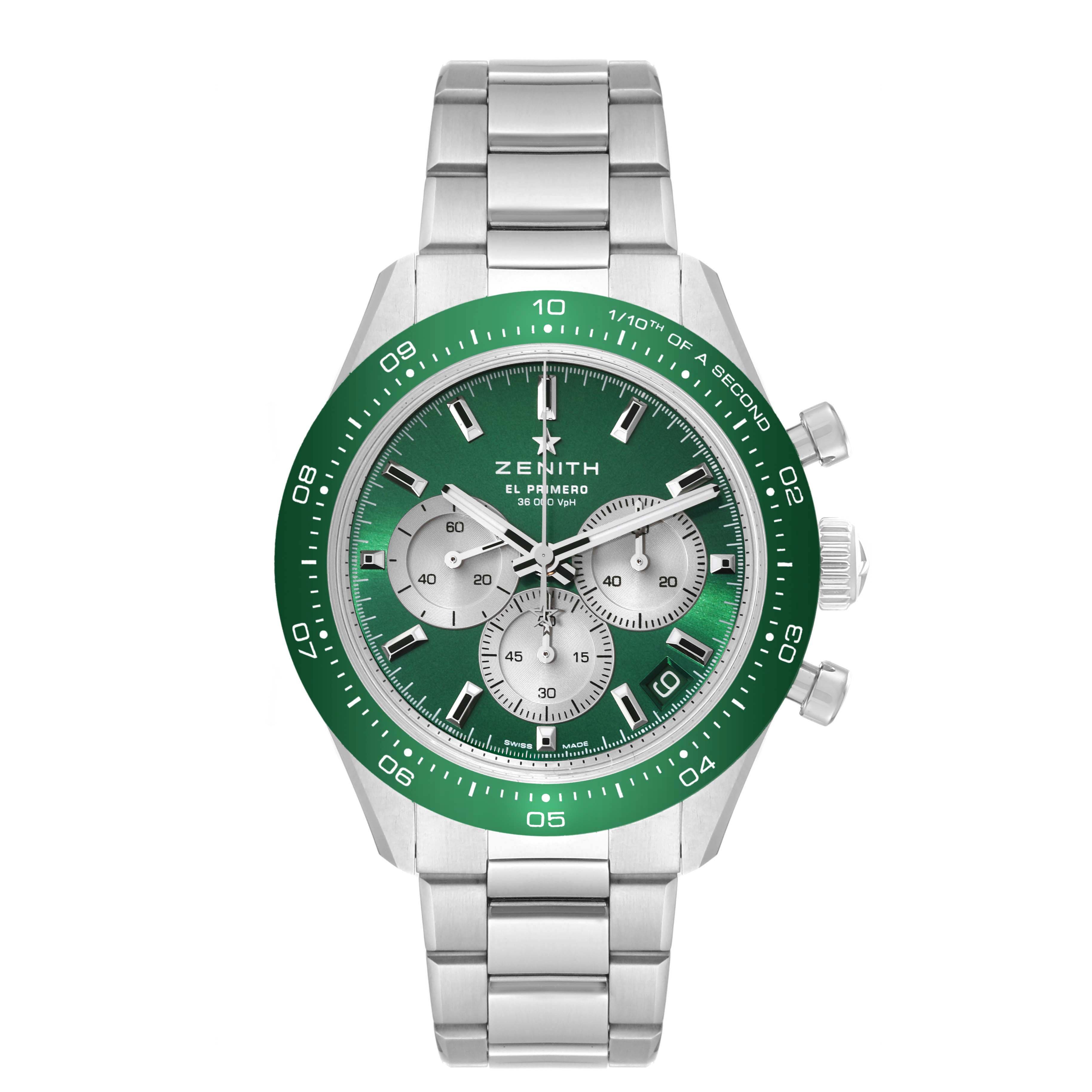 The image shows a Zenith Chronomaster 03.3108.3600/57.M3100 Men's Stainless Steel Green Dial 03.3108.3600/57.M3100 Men's Stainless Steel Green Dial watch from the front, highlighting its green dial and stainless steel bracelet.