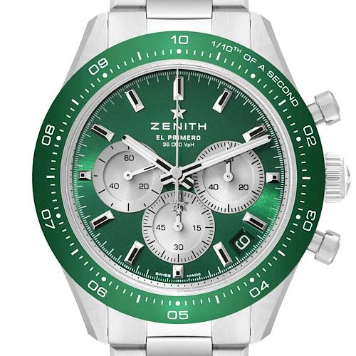 The image shows a Zenith Chronomaster watch with a green bezel and green dial, featuring chronograph subdials.