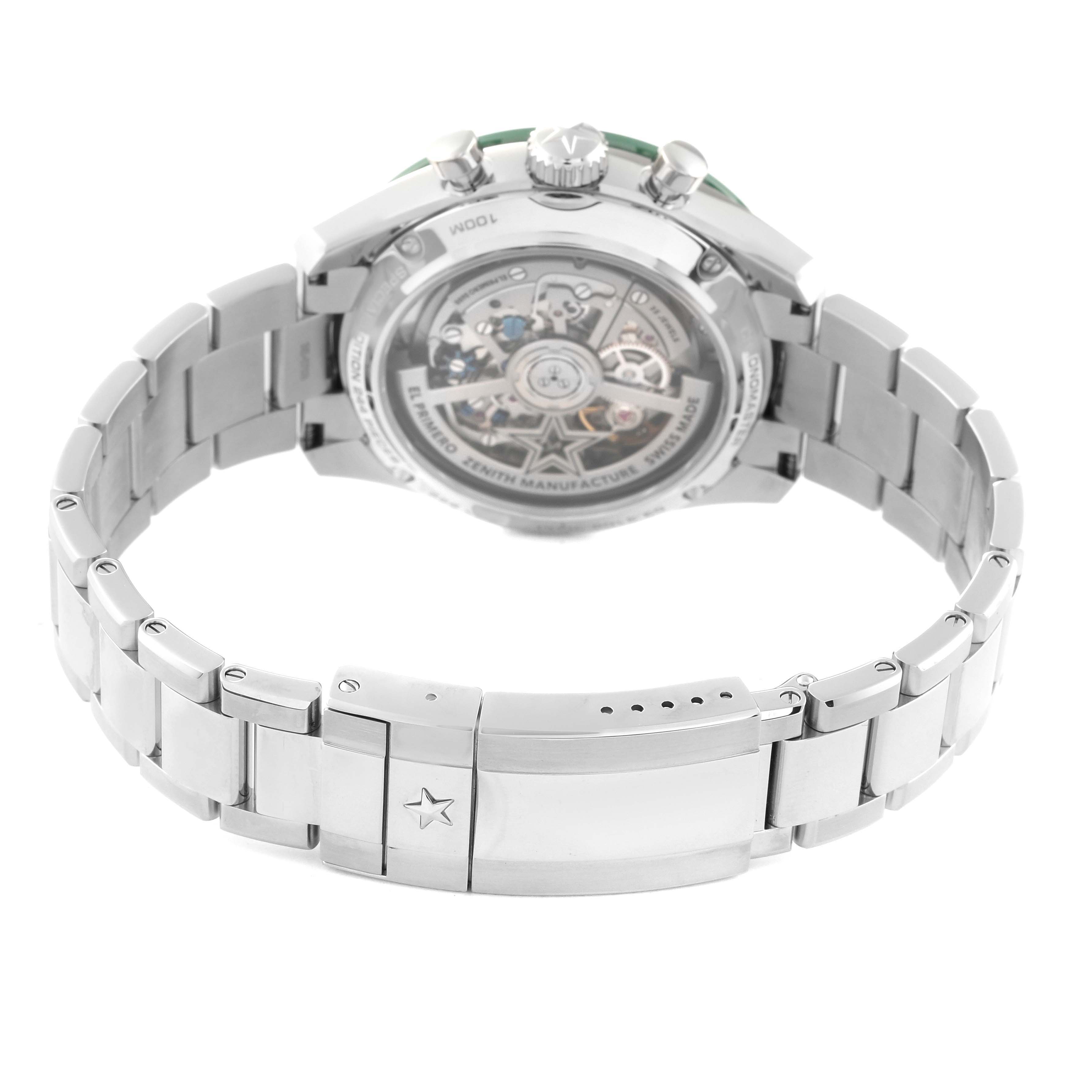 The image shows the back view of the Zenith Chronomaster 03.3108.3600/57.M3100 Men's Stainless Steel Green Dial 03.3108.3600/57.M3100 Men's Stainless Steel Green Dial watch, focusing on its open case back and stainless steel bracelet.