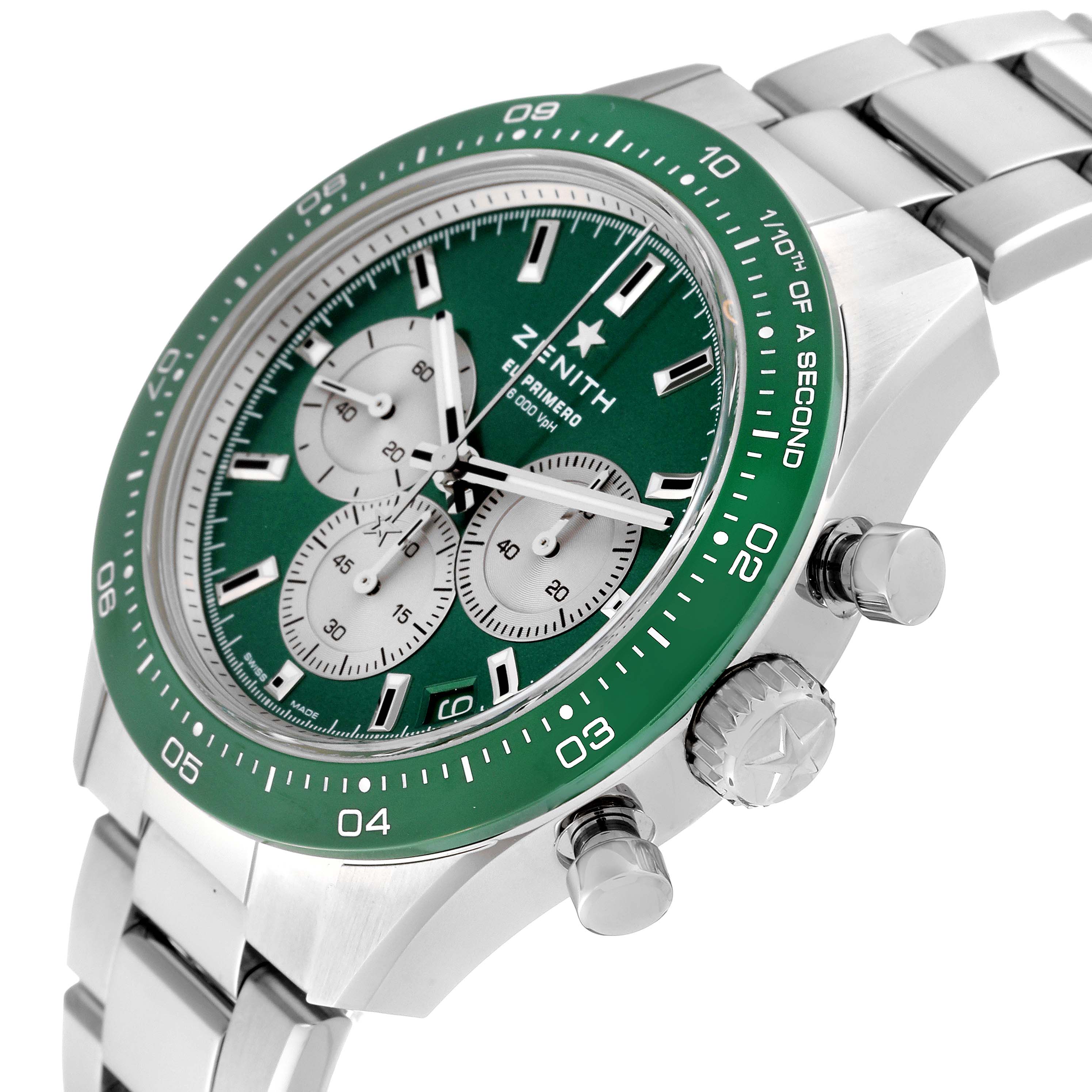 The Zenith Chronomaster 03.3108.3600/57.M3100 Men's Stainless Steel Green Dial 03.3108.3600/57.M3100 Men's Stainless Steel Green Dial watch is shown at a slight angle, highlighting the green bezel, dial, crown, pushers, and metal bracelet.