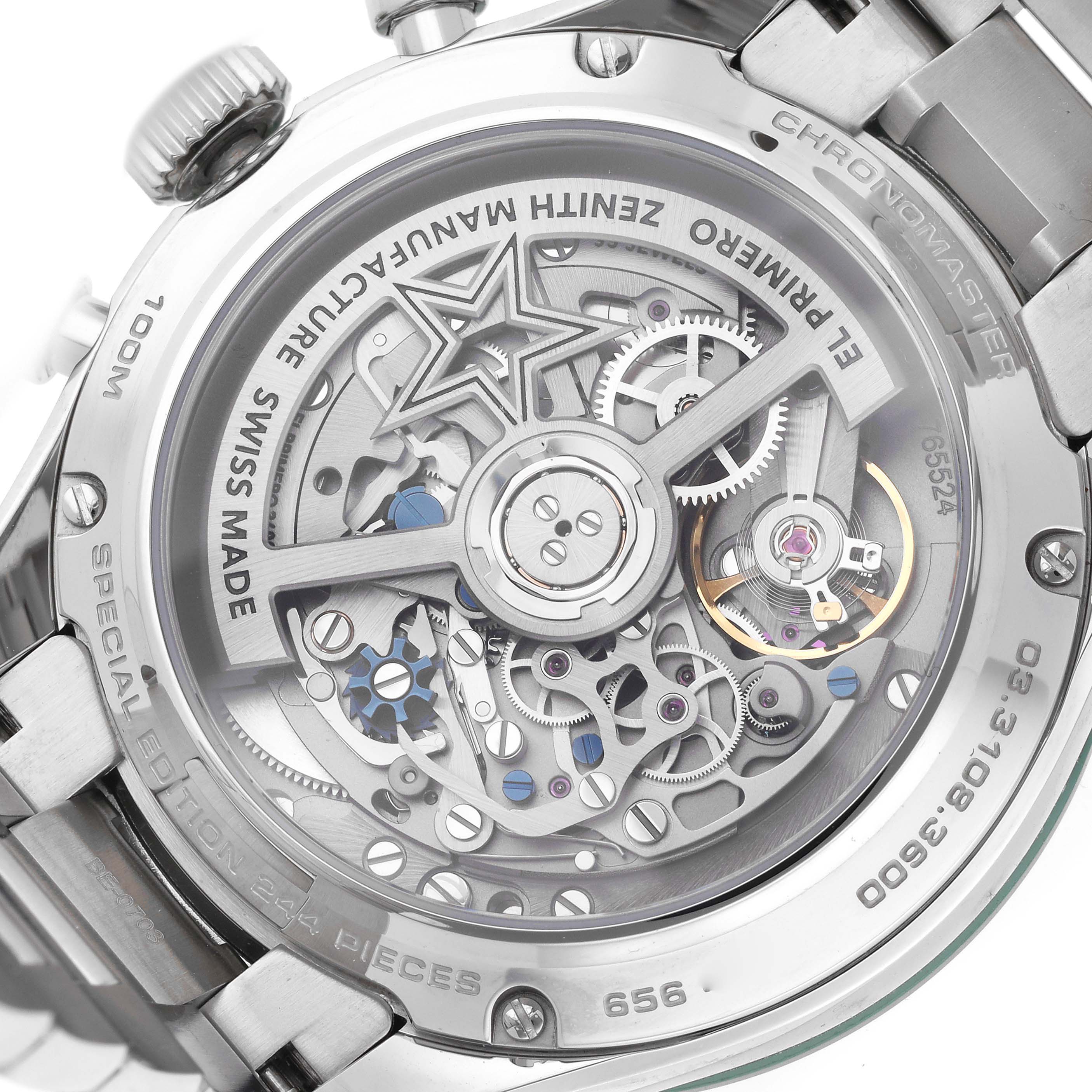 The image shows the back view of a Zenith Chronomaster 03.3108.3600/57.M3100 Men's Stainless Steel Green Dial 03.3108.3600/57.M3100 Men's Stainless Steel Green Dial watch, highlighting its intricate movement and internal mechanisms.