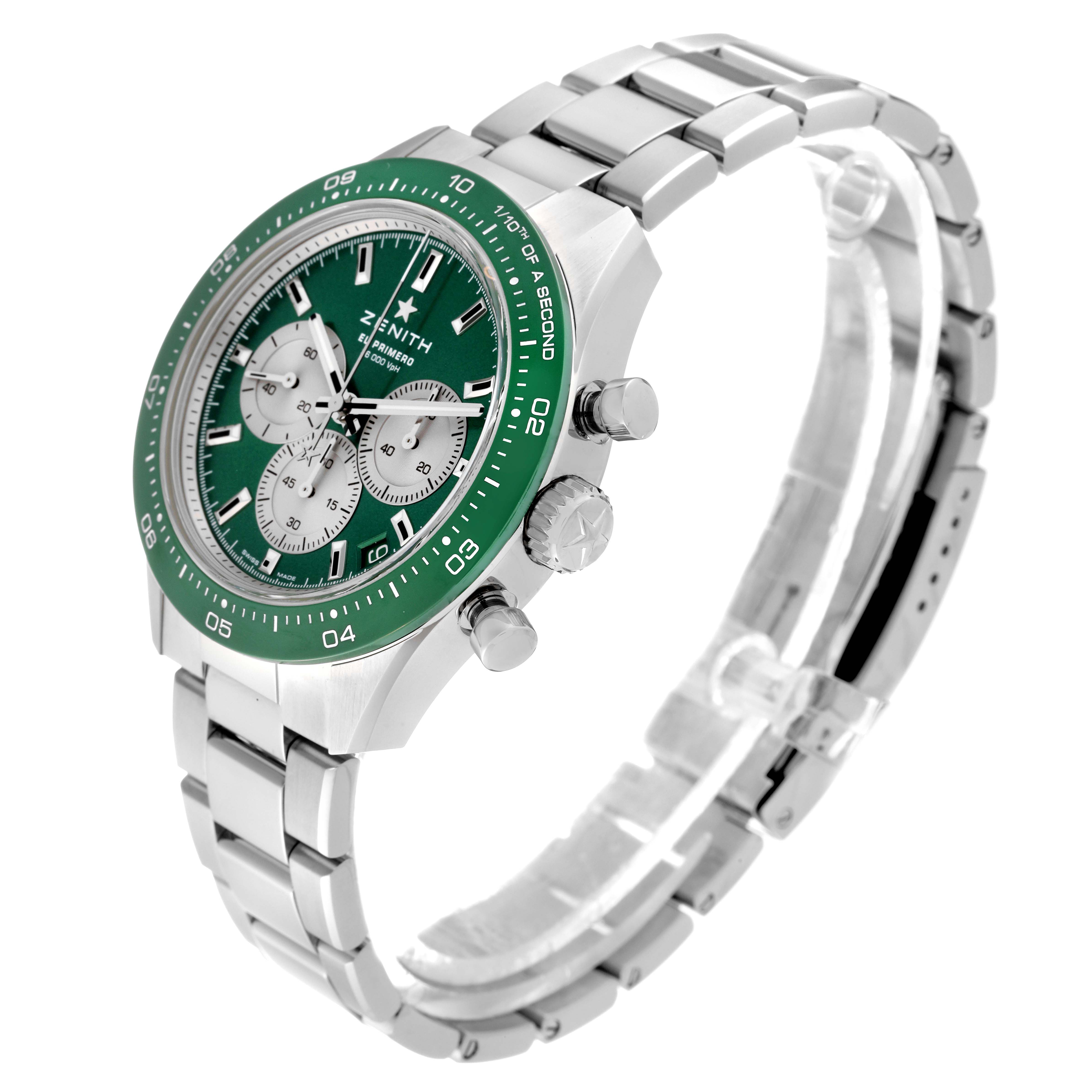 The image shows a Zenith Chronomaster 03.3108.3600/57.M3100 Men's Stainless Steel Green Dial 03.3108.3600/57.M3100 Men's Stainless Steel Green Dial watch at a three-quarter side angle, highlighting the green bezel, dial, and silver bracelet.