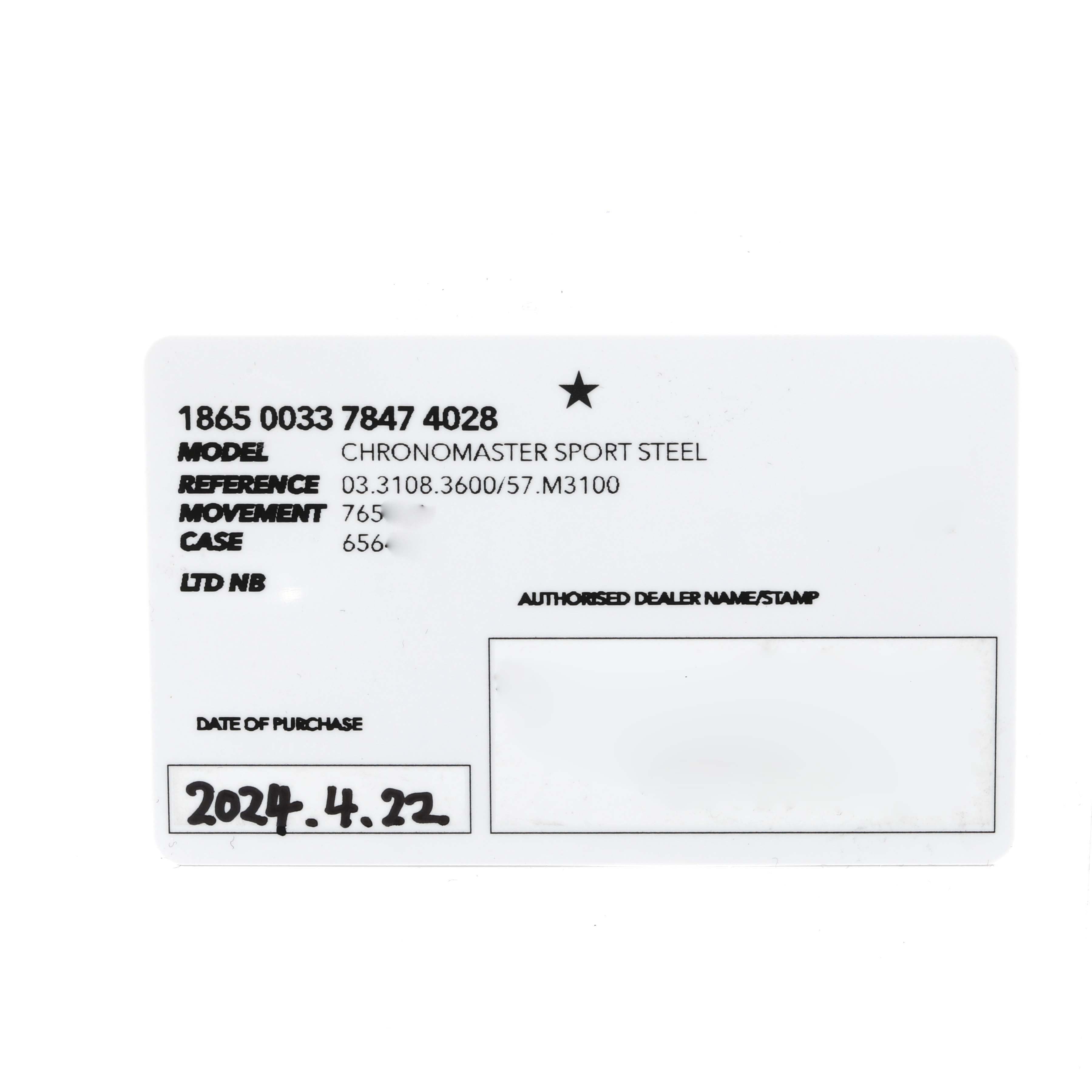 The image shows a warranty card for the Zenith Chronomaster 03.3108.3600/57.M3100 Men's Stainless Steel Green Dial 03.3108.3600/57.M3100 Men's Stainless Steel Green Dial Sport Steel model, including details like reference number, movement, and case.