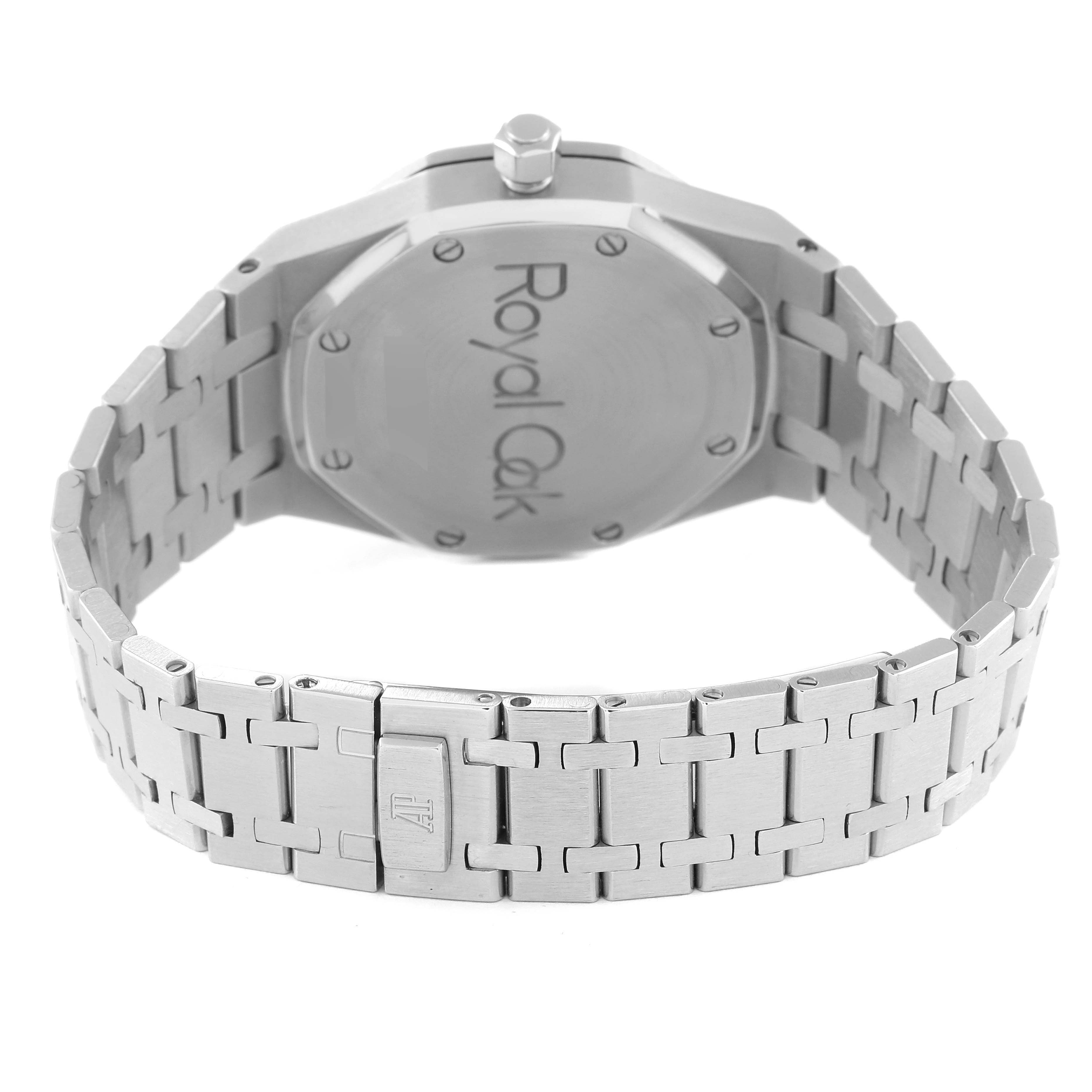 The image shows the back and bracelet of the Audemars Piguet Royal Oak 25730ST Men's Stainless Steel Silver Dial 25730ST Men's Stainless Steel Silver Dial watch, featuring its case back and clasp.
