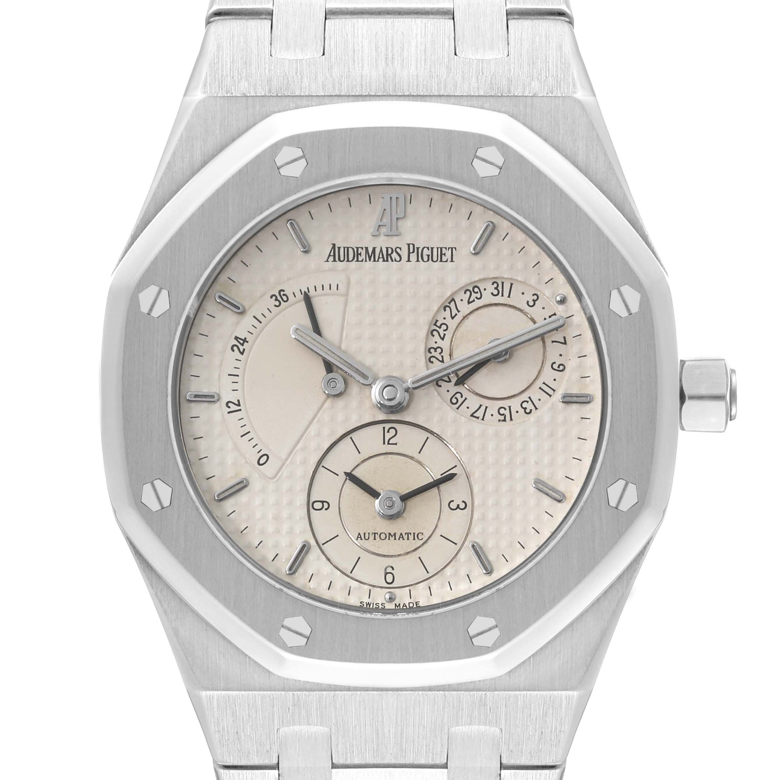 The image features a front view of the Audemars Piguet Royal Oak 25730ST Men's Stainless Steel Silver Dial 25730ST Men's Stainless Steel Silver Dial watch, showcasing the dial, hands, and bracelet.