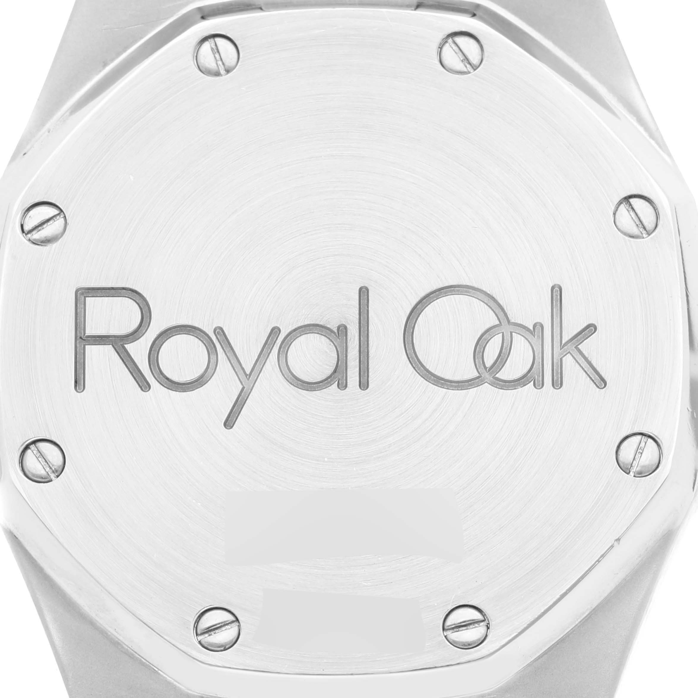 The image shows the stainless steel case back of an Audemars Piguet Royal Oak 25730ST Men's Stainless Steel Silver Dial 25730ST Men's Stainless Steel Silver Dial watch from a top-down angle.